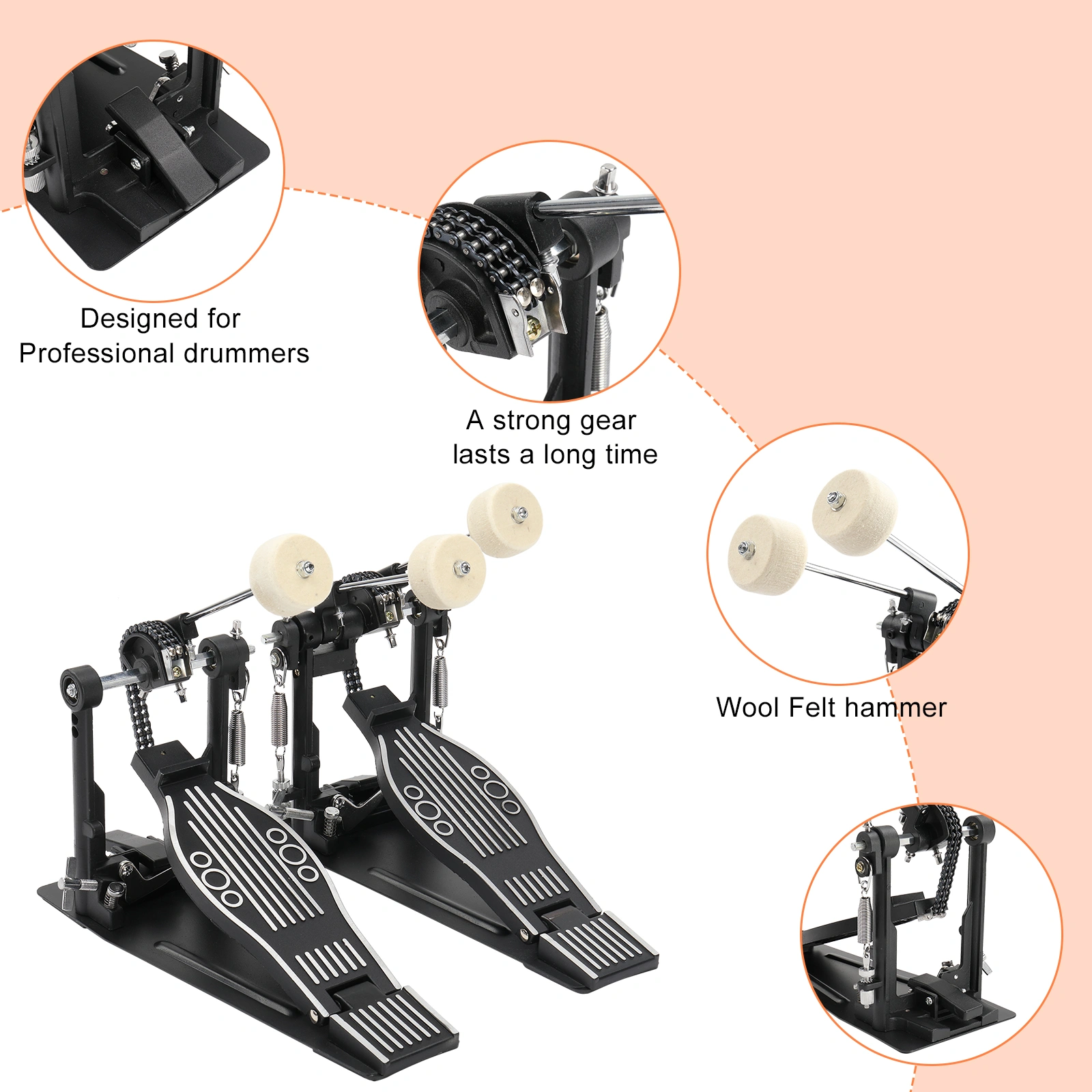 Wool Felt Hammer Double Drum Pedal Professional Double Bass Drum Pedal Black view 9