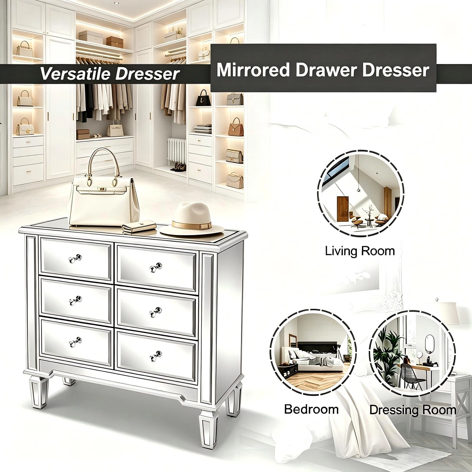 6-Drawer Mirrored Chest, Silver Vanity Storage Cabinet with MDF Frame, 26. view 4
