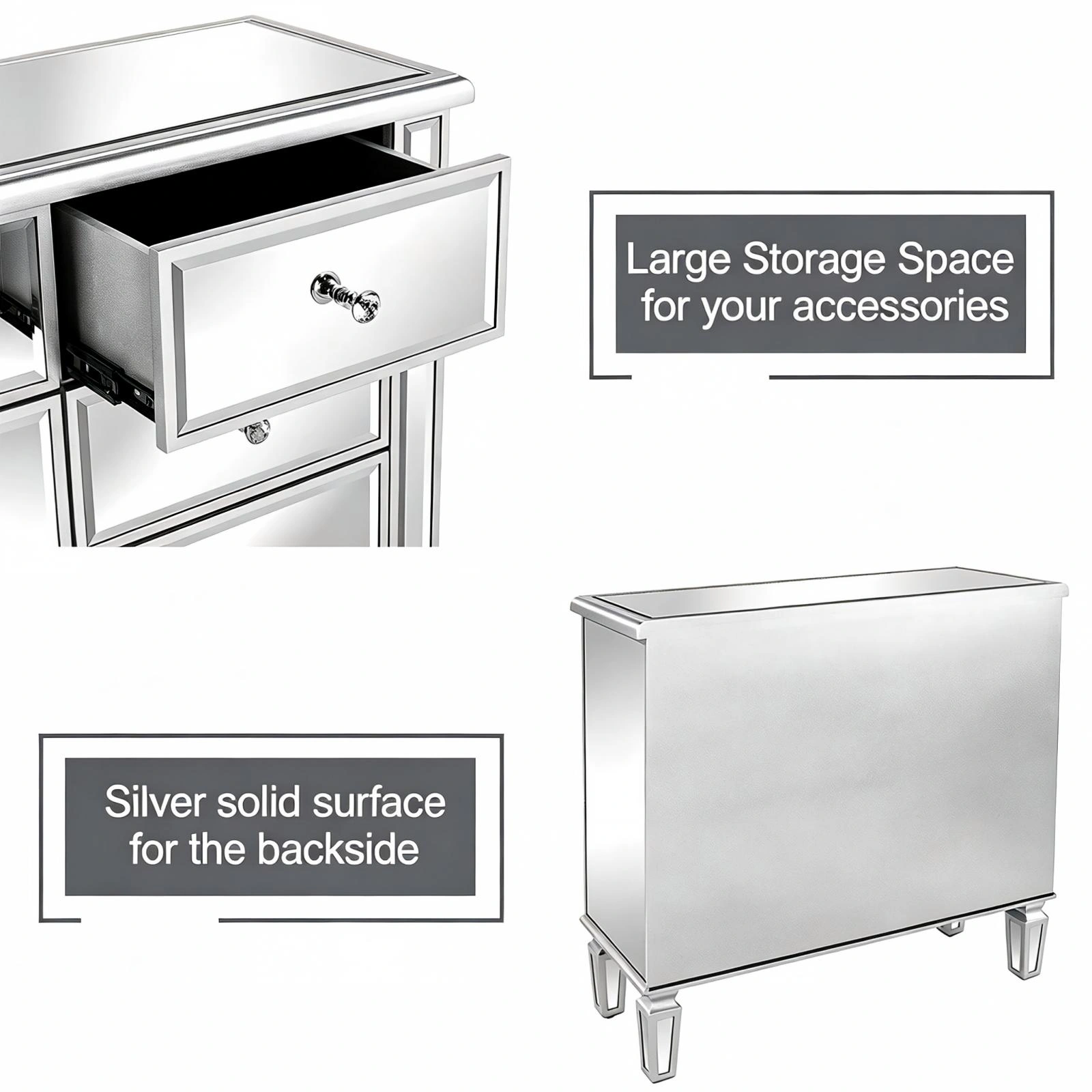 6-Drawer Mirrored Chest, Silver Vanity Storage Cabinet with MDF Frame, 26. view 5