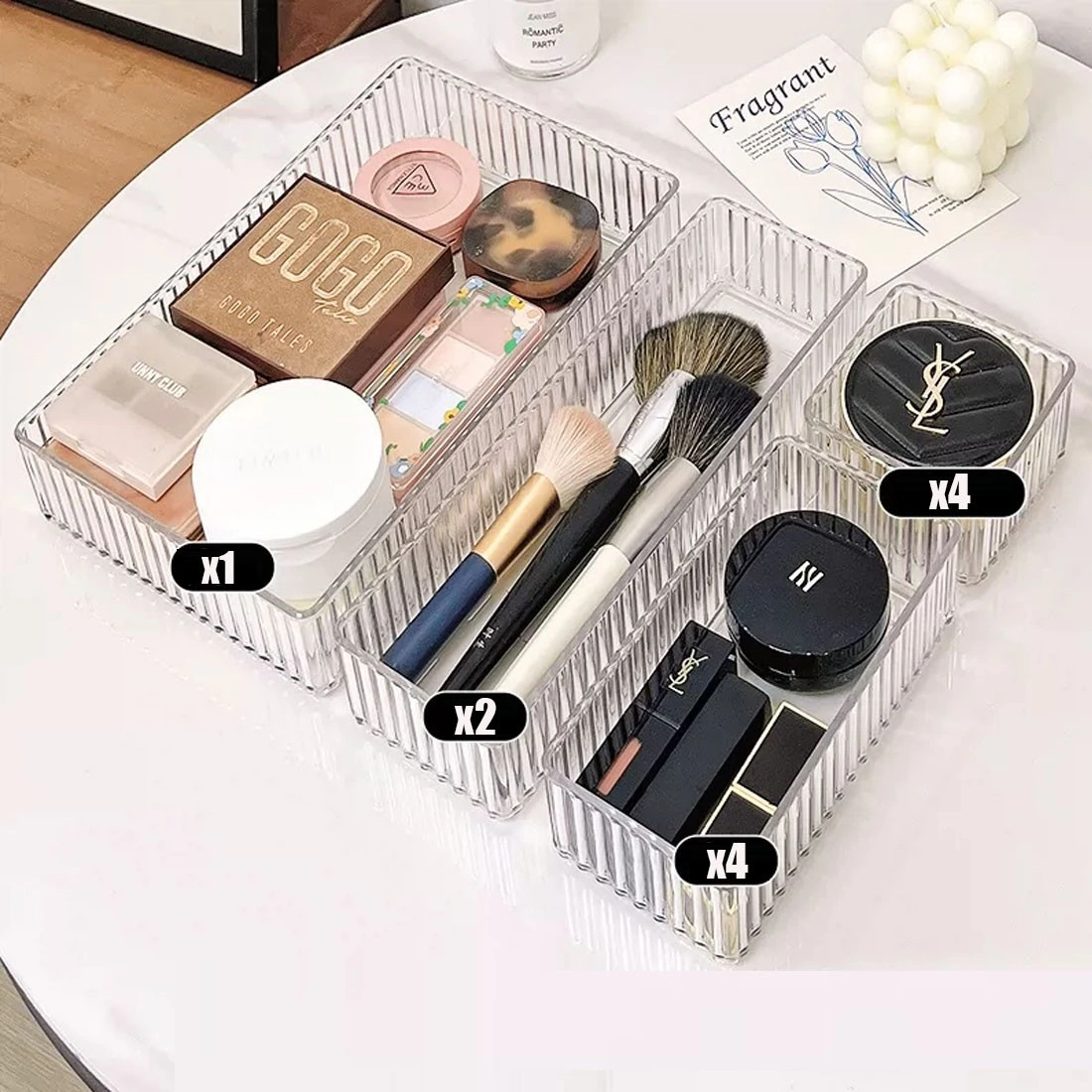 11 Piece Clear Drawer Organizer Set, Plastic Makeup Trays & Desk Drawer Dividers