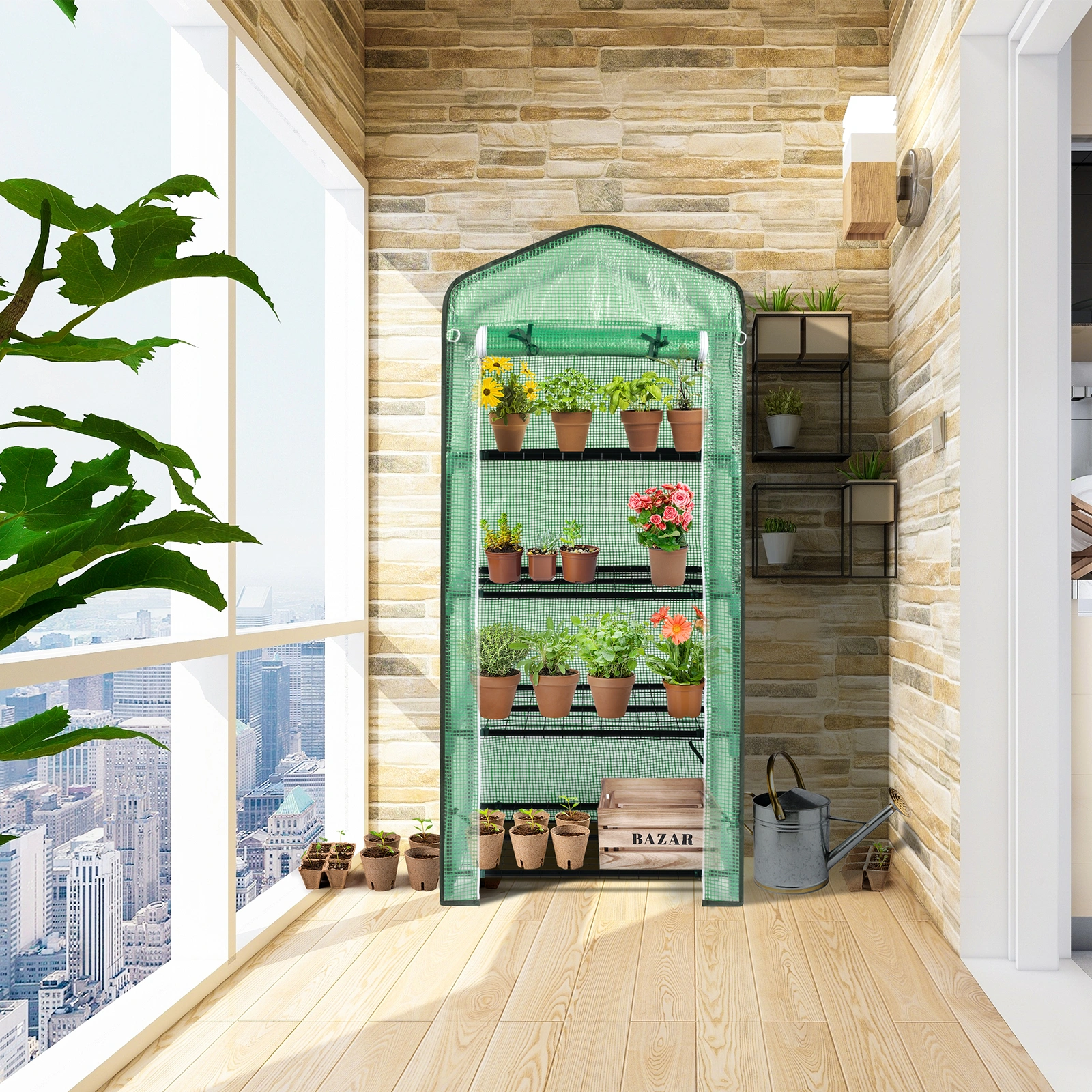 69x49x160cm Black Iron Pipe Pointed Mini Flower Stand With 4 Layers Of Grid, With Zipper Rolling Door, PE Cloth Green House view 12