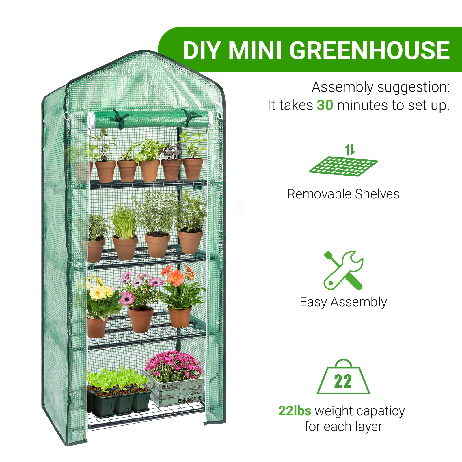69x49x160cm Black Iron Pipe Pointed Mini Flower Stand With 4 Layers Of Grid, With Zipper Rolling Door, PE Cloth Green House view 18
