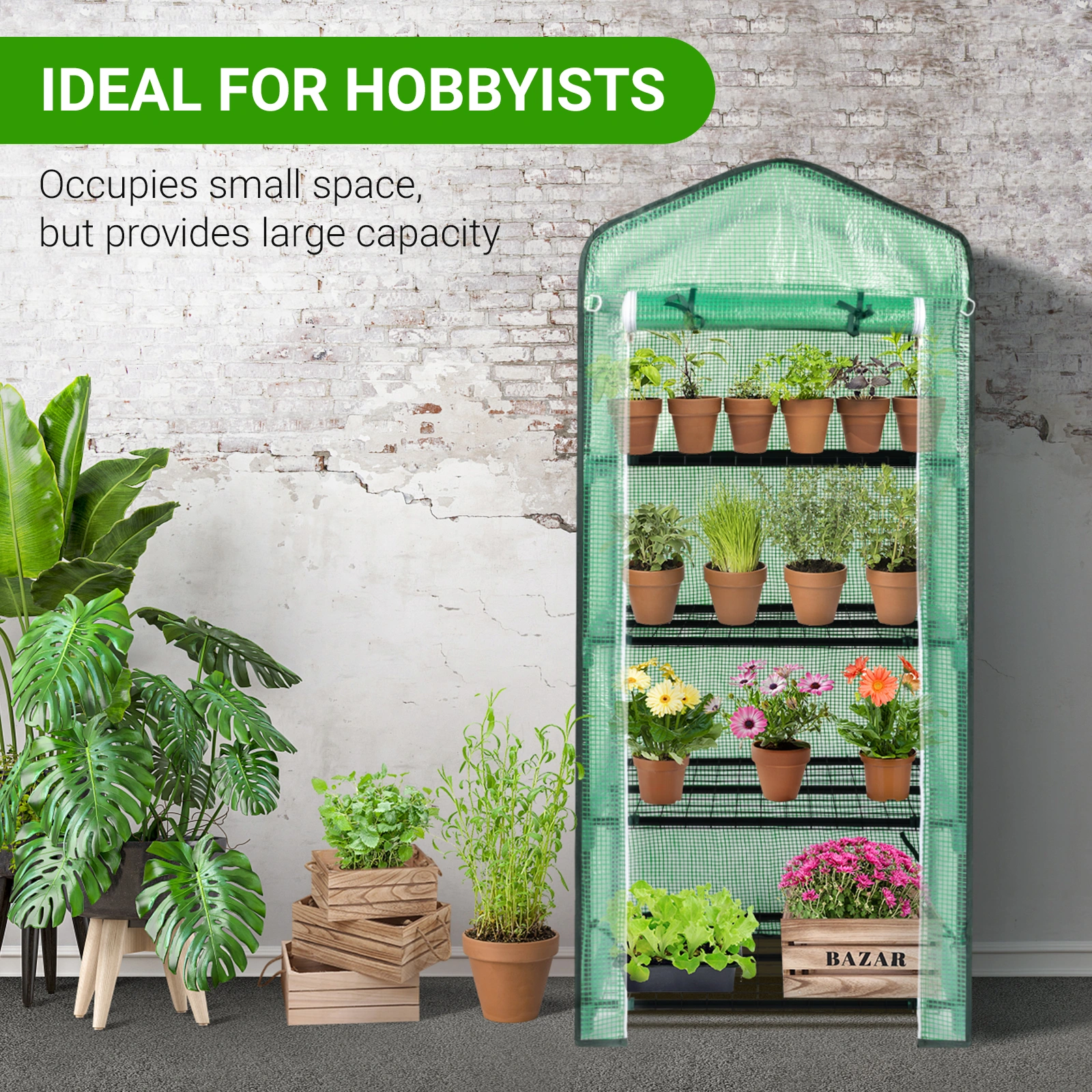 69x49x160cm Black Iron Pipe Pointed Mini Flower Stand With 4 Layers Of Grid, With Zipper Rolling Door, PE Cloth Green House view 9