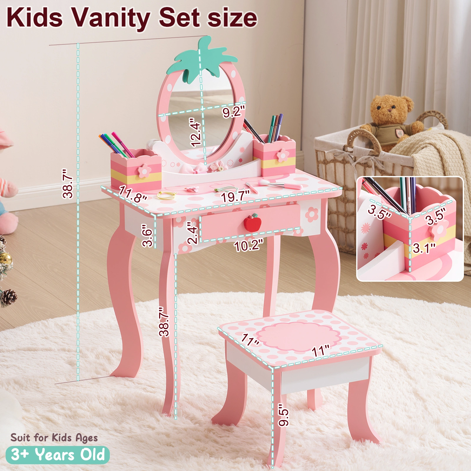 White MDF spray-painted 1-drawer 2-desktop storage box children's dressing table set with Apple print view 10