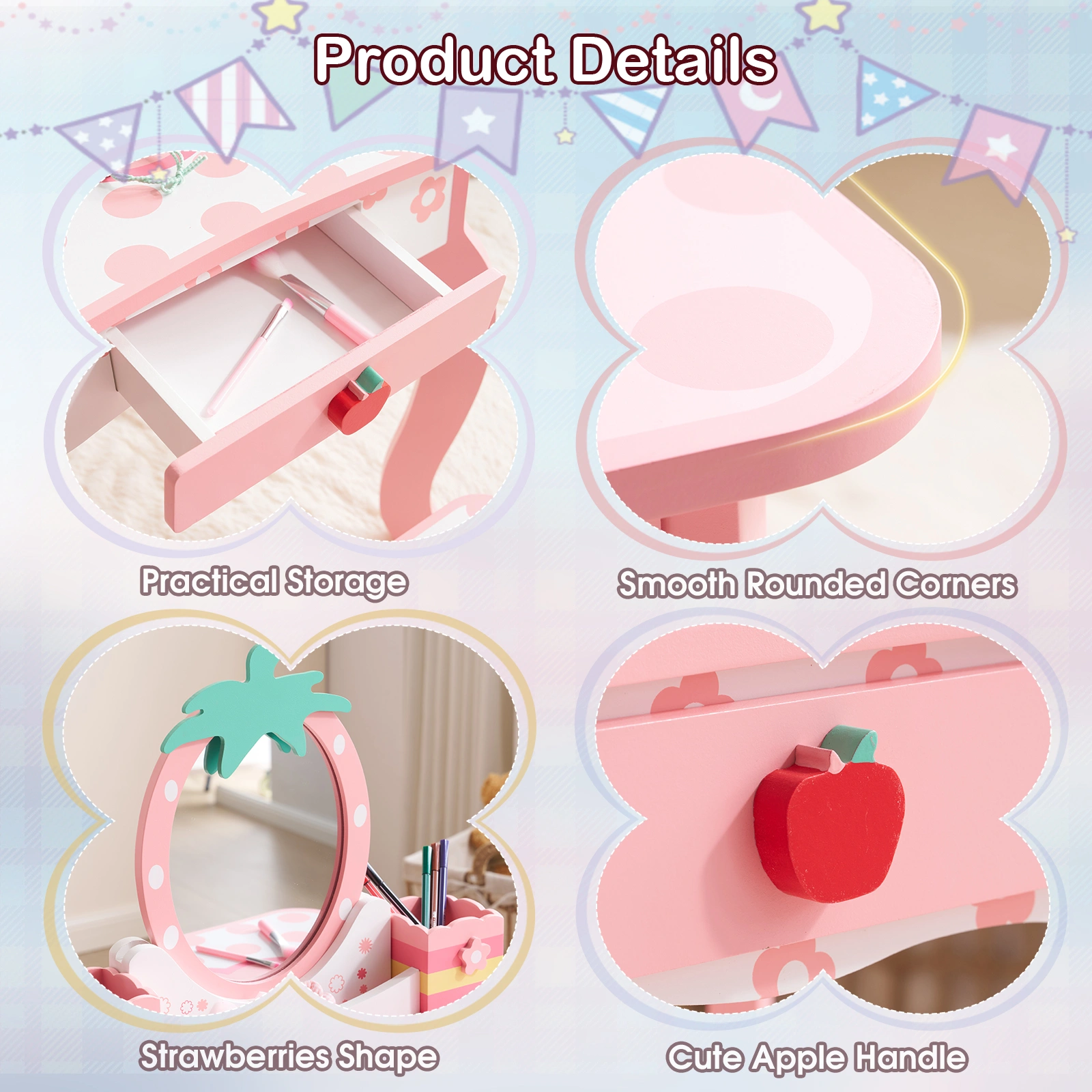 White MDF spray-painted 1-drawer 2-desktop storage box children's dressing table set with Apple print view 5