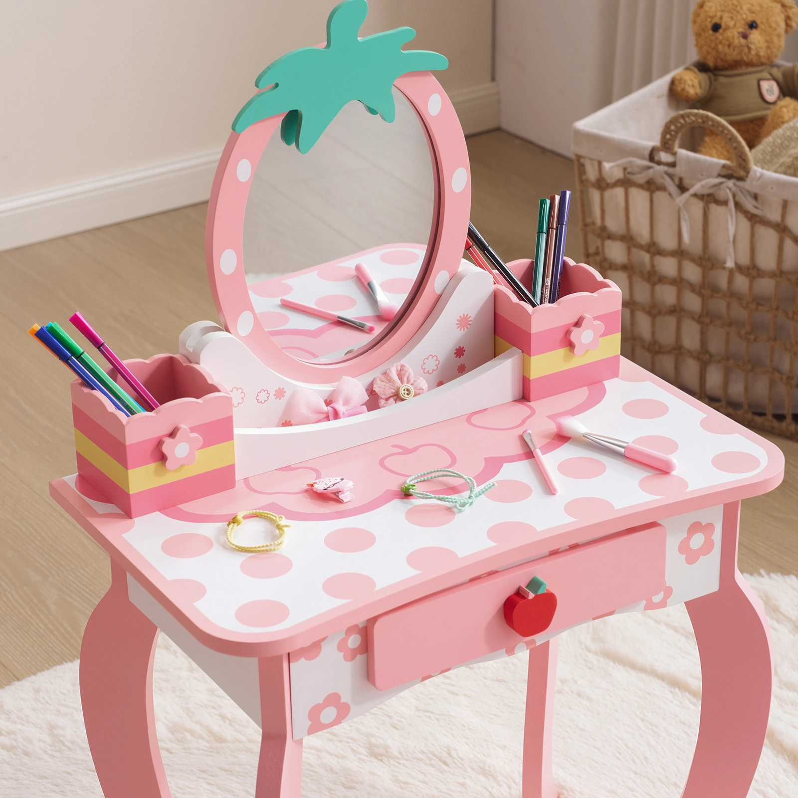 White MDF spray-painted 1-drawer 2-desktop storage box children's dressing table set with Apple print view 7