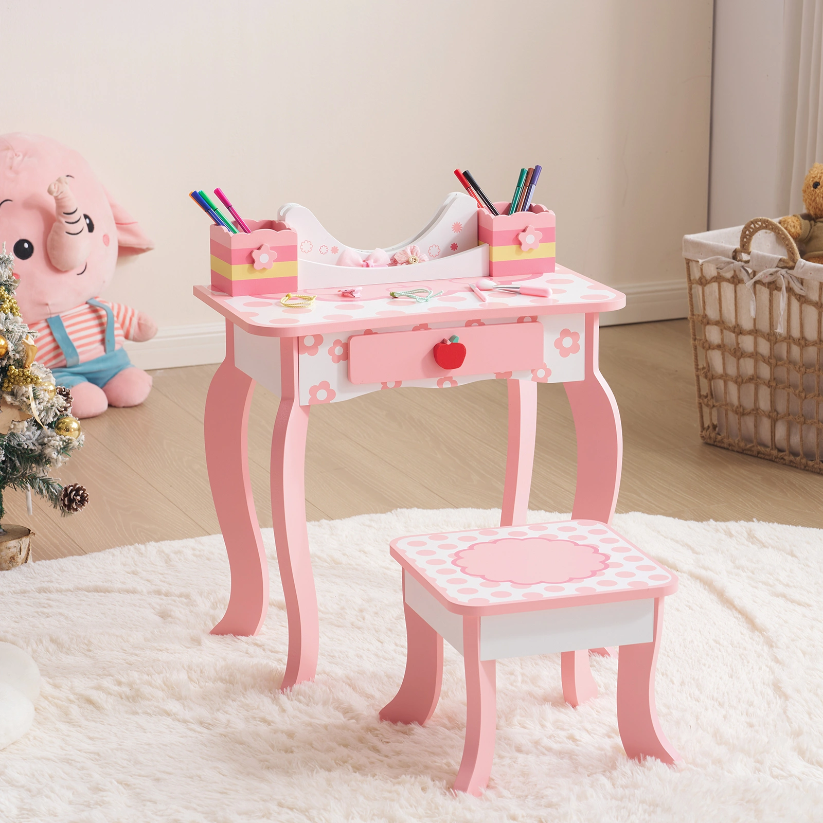 White MDF spray-painted 1-drawer 2-desktop storage box children's dressing table set with Apple print view 8