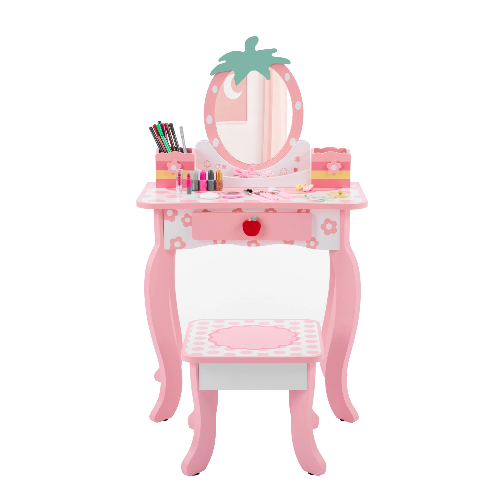 White MDF spray-painted 1-drawer 2-desktop storage box children's dressing table set with Apple print view 9