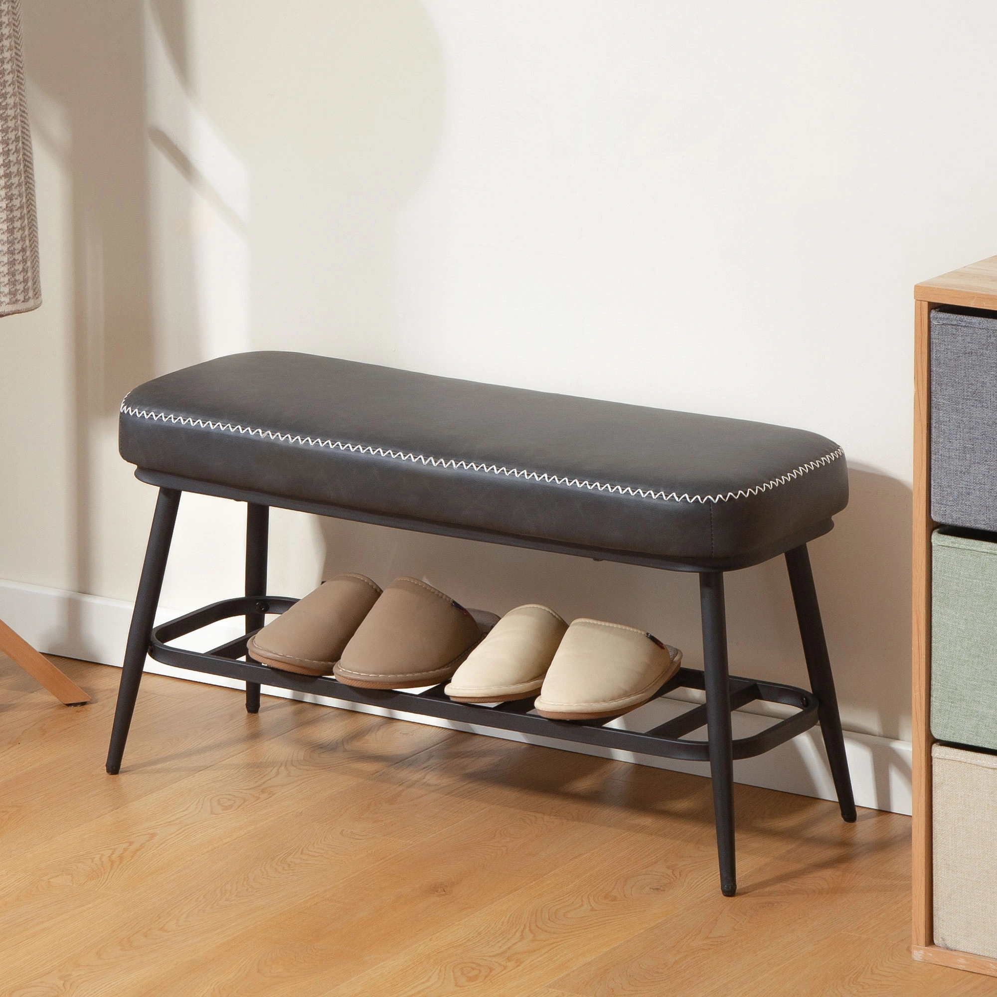 Leather Shoe Storage Bench, Entryway Shoe Bench with Cushioned Seat & Hidden Compartment for Hallway, Living Room, Bedroom