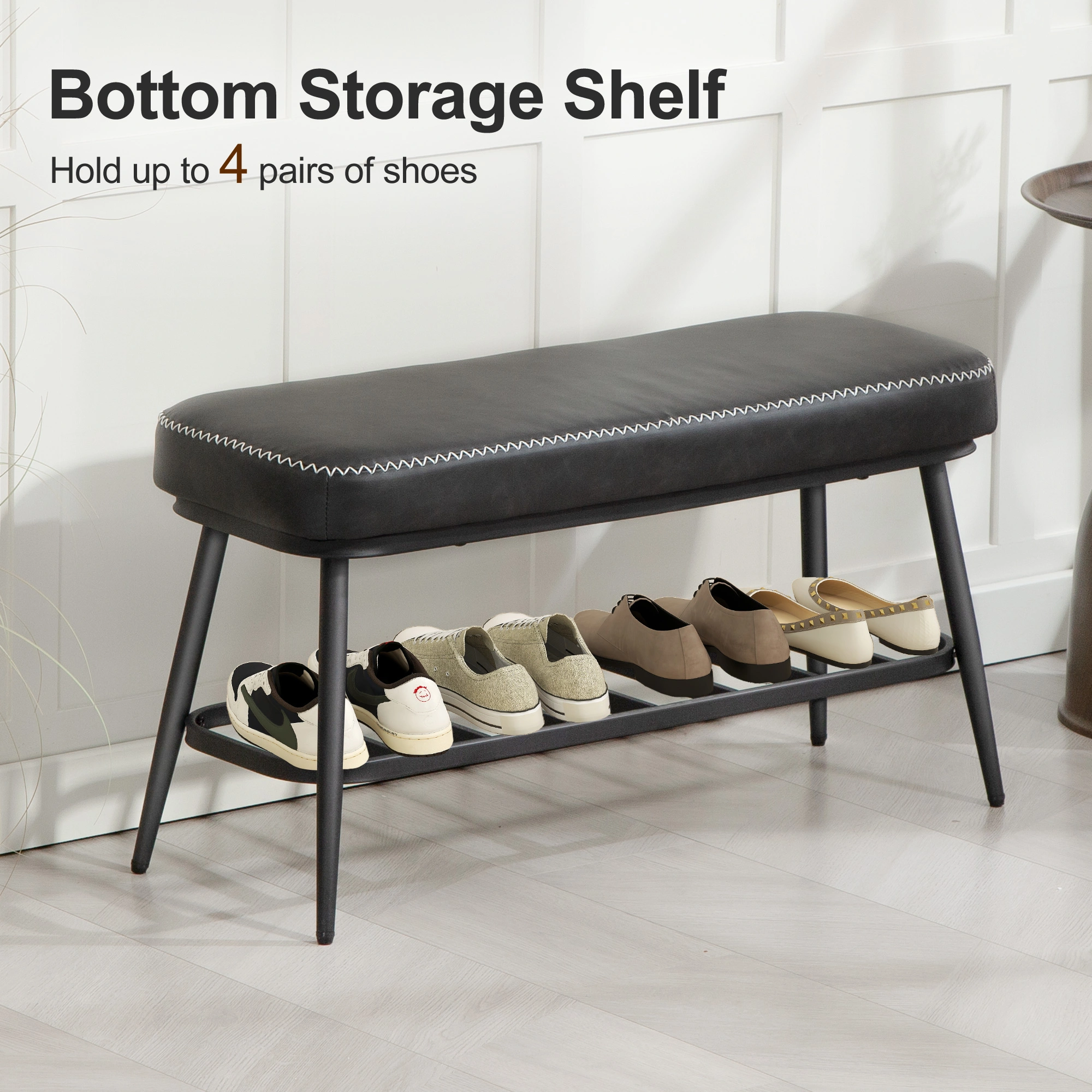 Leather Shoe Storage Bench, Entryway Shoe Bench with Cushioned Seat & Hidden Compartment for Hallway, Living Room, Bedroom view 3
