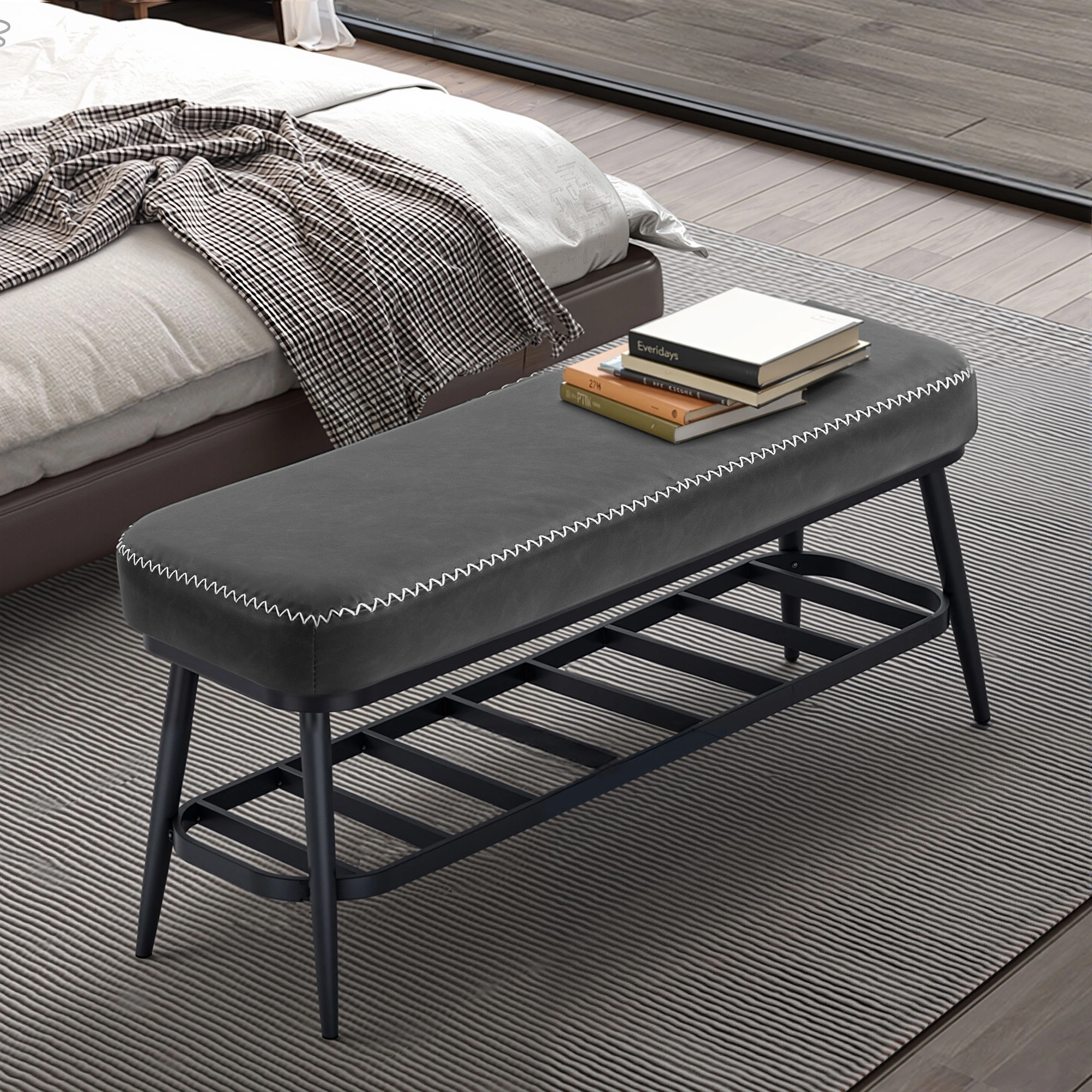 Leather Shoe Storage Bench, Entryway Shoe Bench with Cushioned Seat & Hidden Compartment for Hallway, Living Room, Bedroom view 4