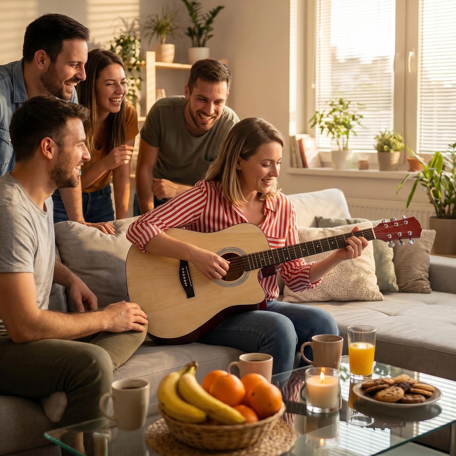 Natural wood color 41-inch Dreadnought barrel-shaped cutaway acoustic guitar with pick, strings, capo, gig bag, tuner, wrench tool, and shoulder strap view 11