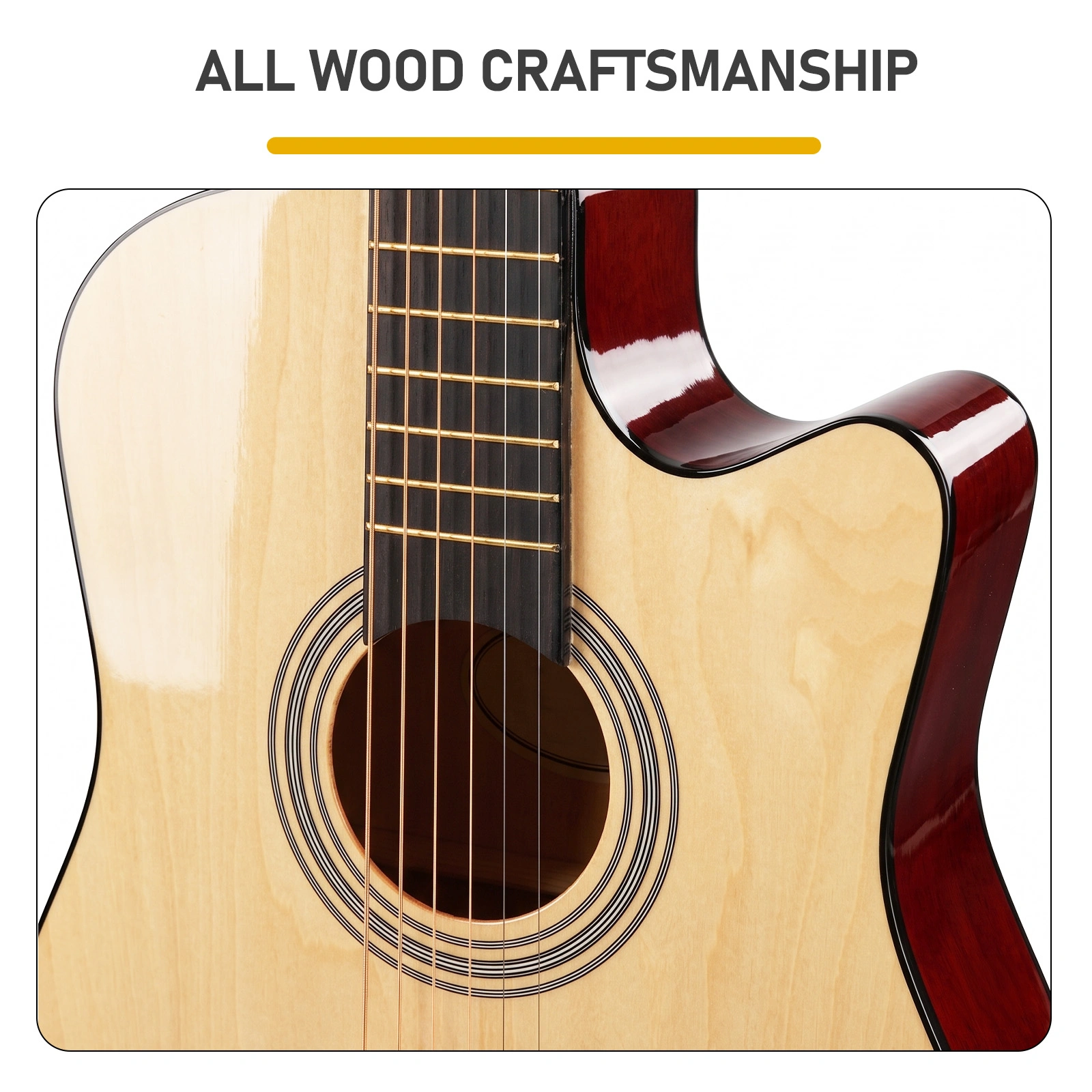 Natural wood color 41-inch Dreadnought barrel-shaped cutaway acoustic guitar with pick, strings, capo, gig bag, tuner, wrench tool, and shoulder strap view 7
