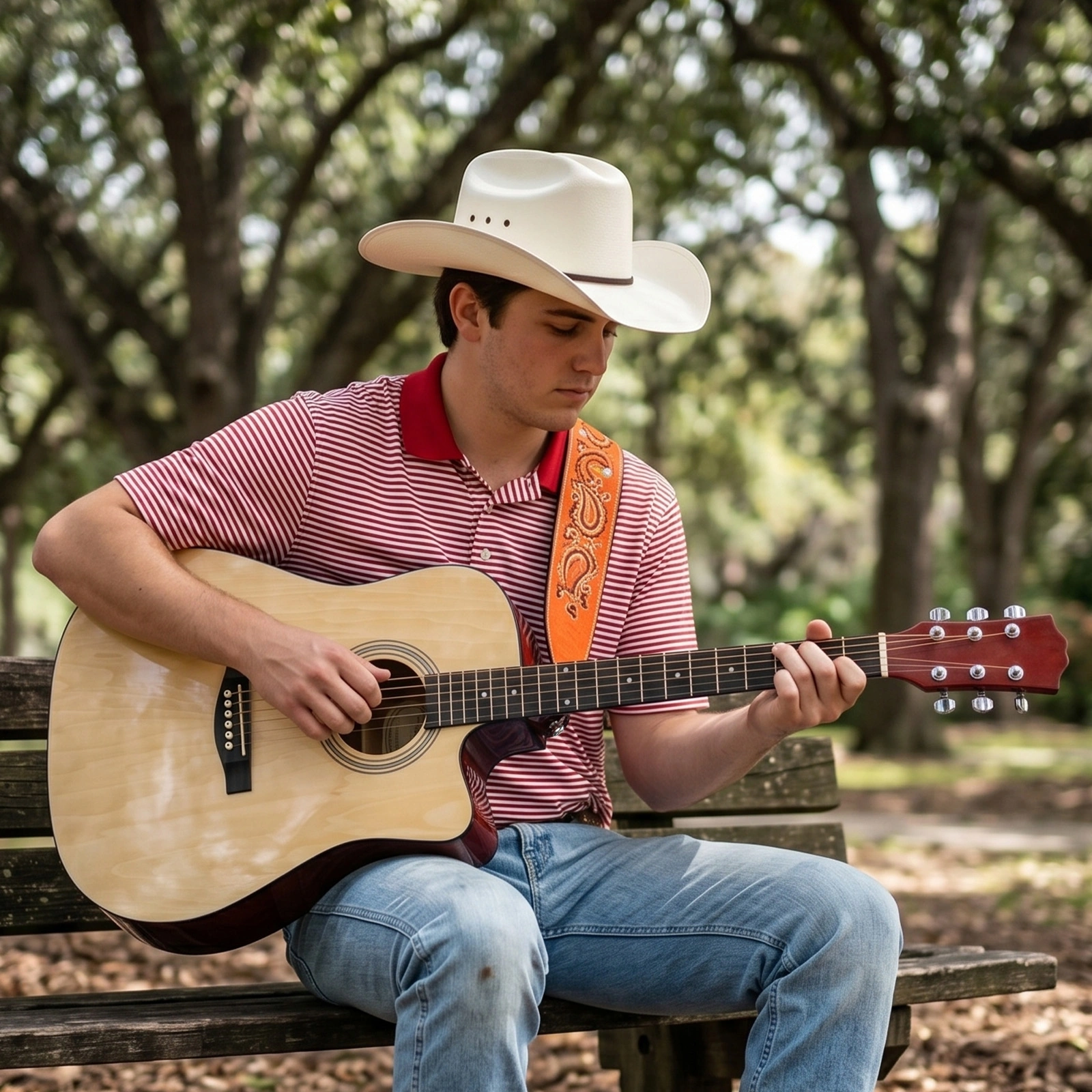 Natural wood color 41-inch Dreadnought barrel-shaped cutaway acoustic guitar with pick, strings, capo, gig bag, tuner, wrench tool, and shoulder strap view 8