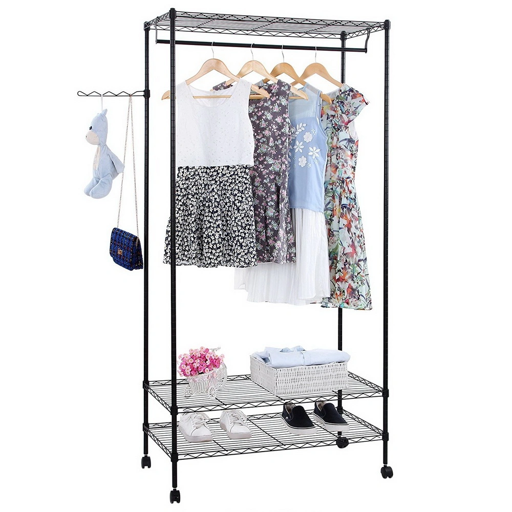 3-Tier Portable Metal Closet Organizer Rack, Freestanding Garment Shelf with Hanging Rod for Bedroom, Home