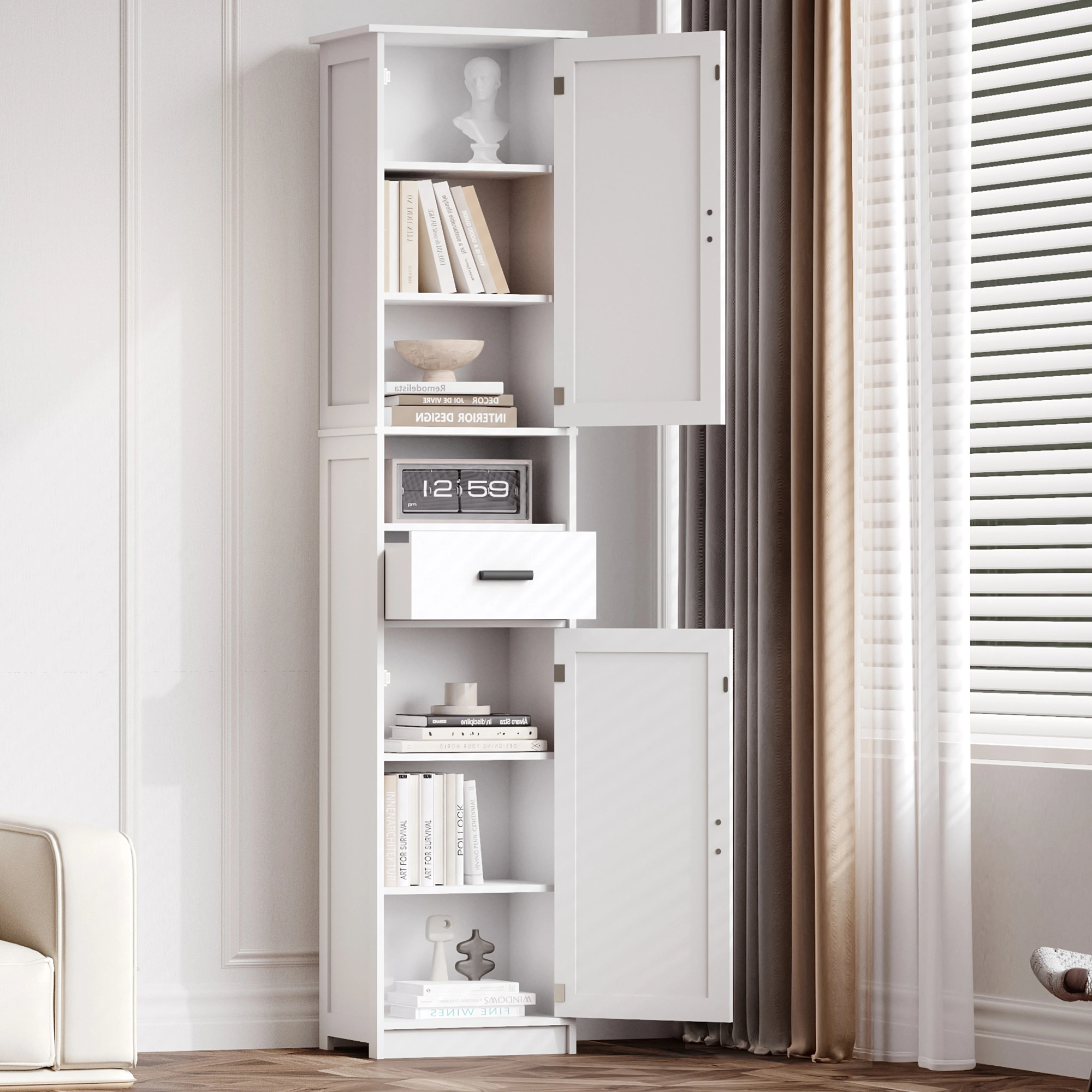 69" Tall Bathroom Storage Cabinet with 2 Barn Doors & 1 Drawer, Narrow Floor