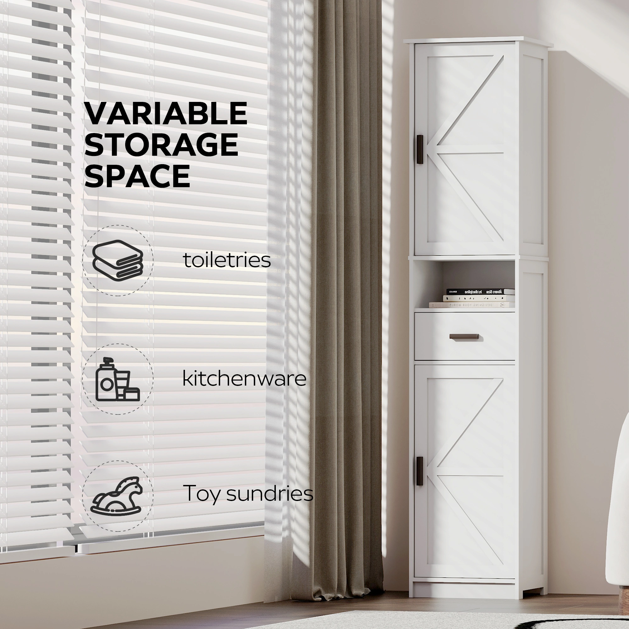 69" Tall Bathroom Storage Cabinet with 2 Barn Doors & 1 Drawer, Narrow Floor view 3