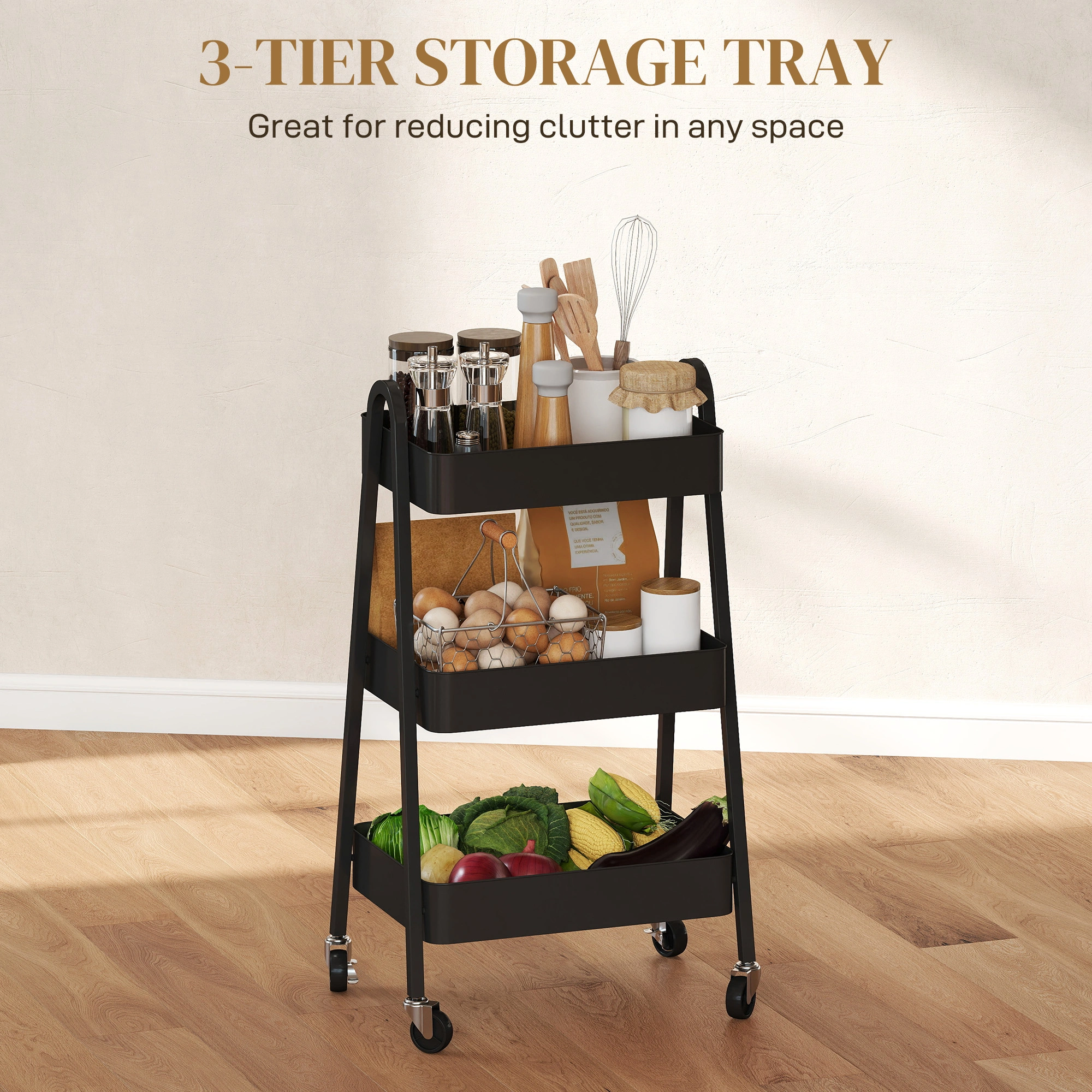 Modern Storage Trolley with Wheels, 3-Tier Mobile Utility Cart, Heavy-Duty Organizer Shelf for Kitchen Bathroom Office
