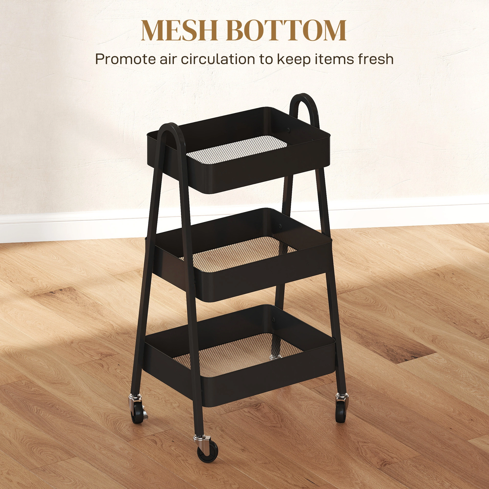Modern Storage Trolley with Wheels, 3-Tier Mobile Utility Cart, Heavy-Duty Organizer Shelf for Kitchen Bathroom Office view 5