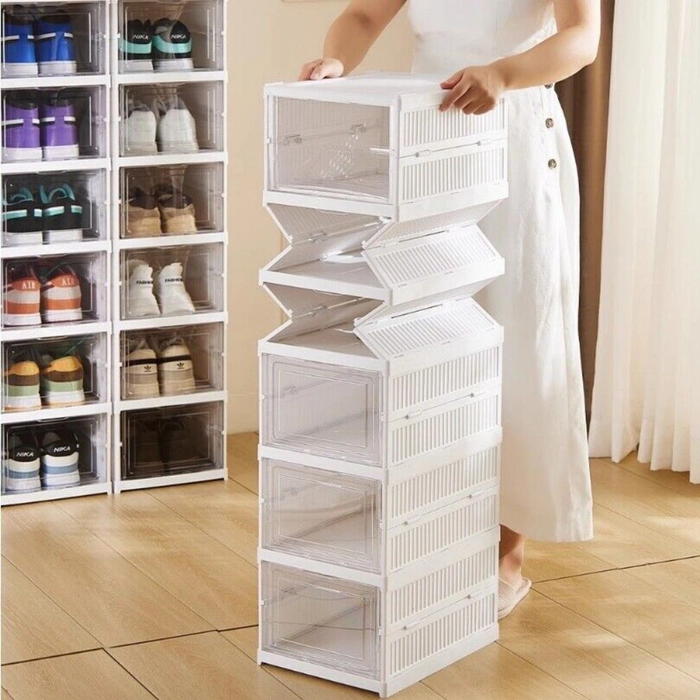6 Pack Stackable Shoe Storage Boxes, Plastic Foldable Trainers Organiser, Clear Shoe Cubes for Closet
