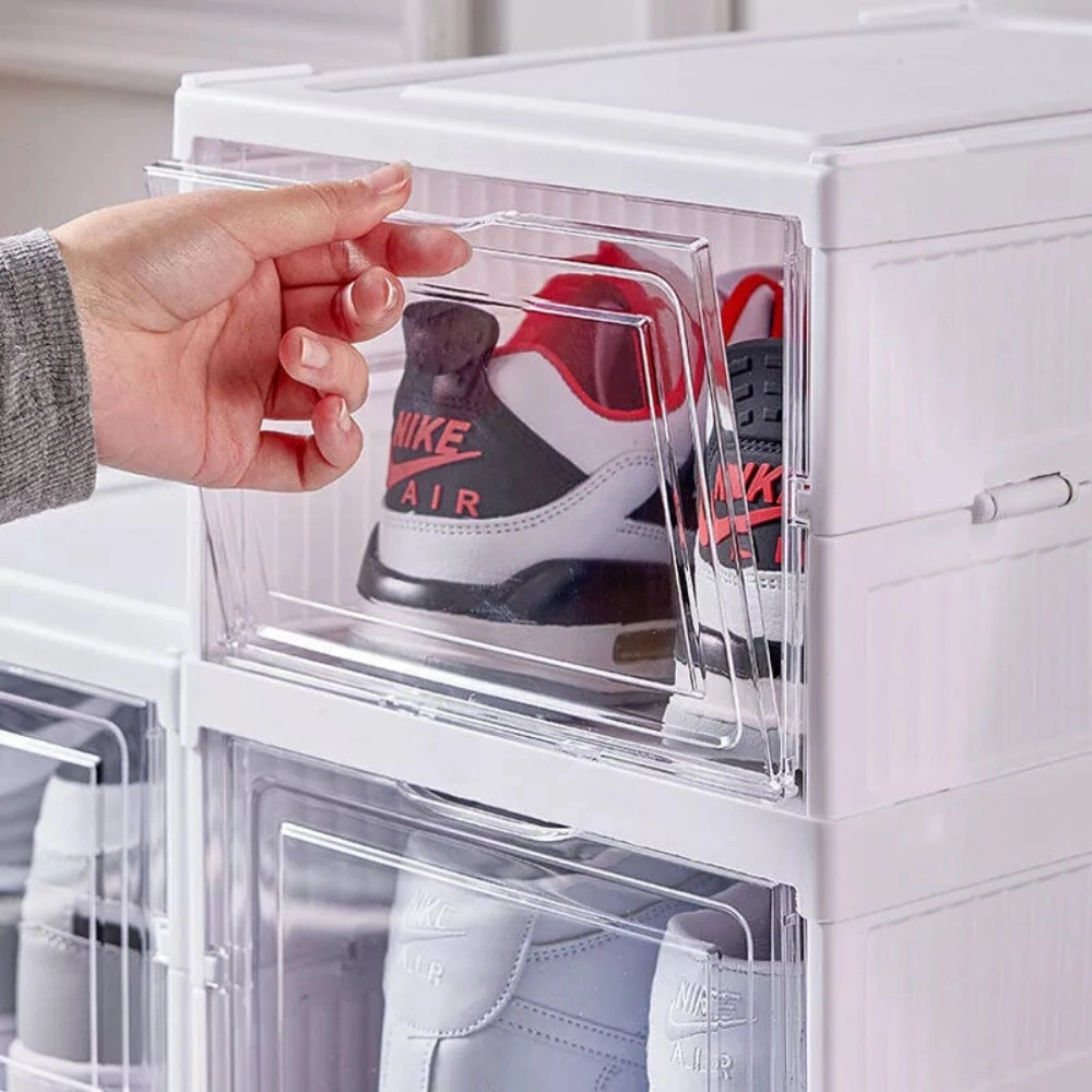6 Pack Stackable Shoe Storage Boxes, Plastic Foldable Trainers Organiser, Clear Shoe Cubes for Closet view 2