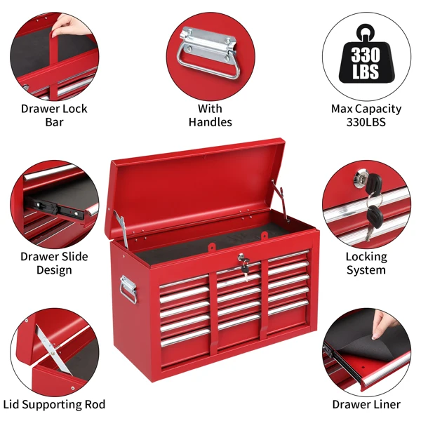 Steel maintenance tool cart cabinet 5 drawers with lock 330lb red view 5