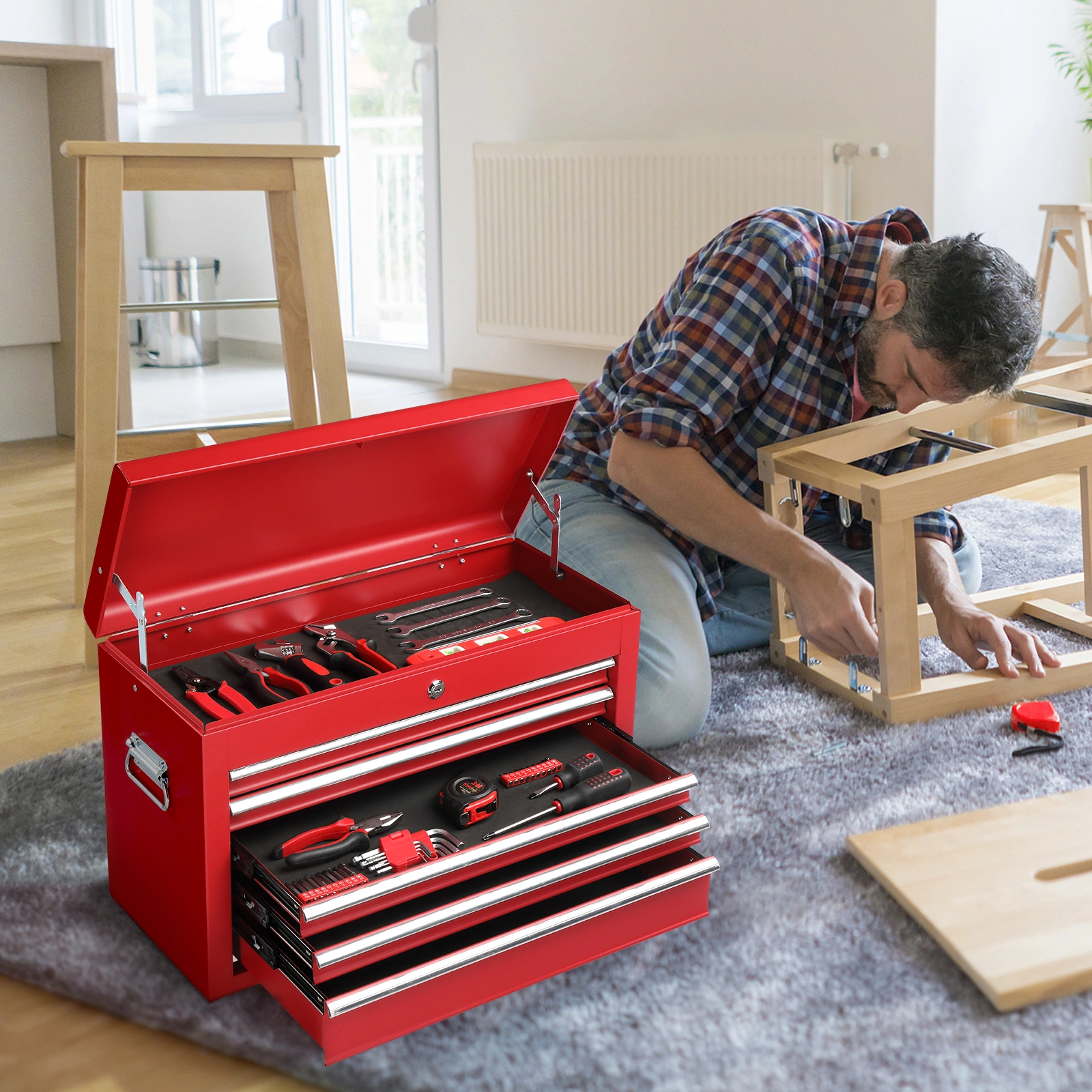 Steel maintenance tool cart cabinet 5 drawers with lock 330lb red view 12