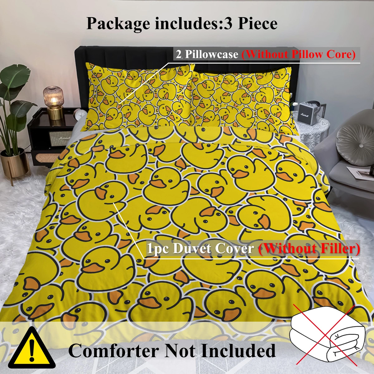 Yellow Rubber Duck Duvet Cover Set 3 Piece Kids Cartoon Duck Comforter Cover Single Bed Cute Yellow Duckies Gift for Duck Lovers view 4