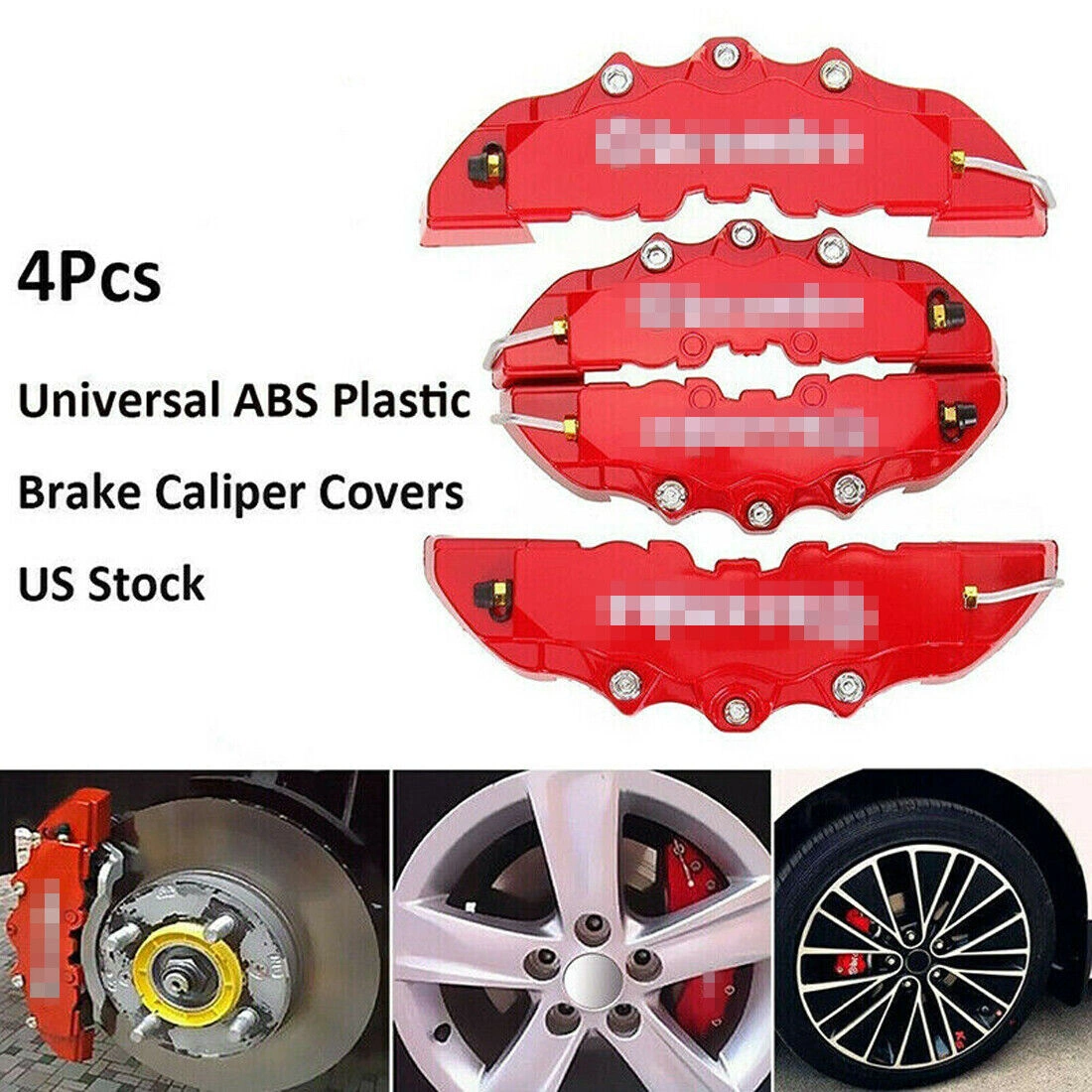 4X 3D Style Brake Caliper Covers Universal Car Disc Caliper Caps Front Rear Kit, Red view 3