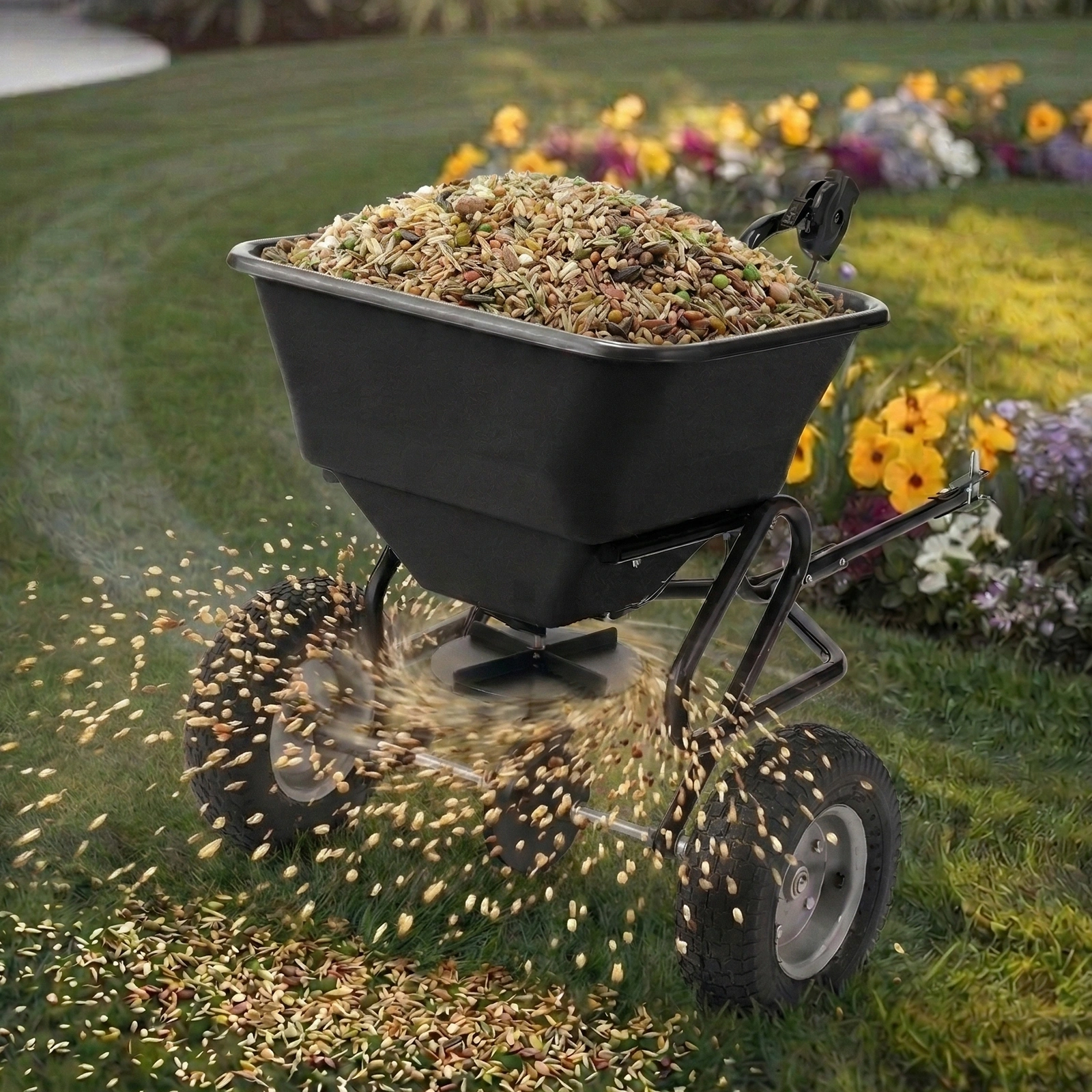 Tow Behind Broadcast Spreader, 110LBS Capacity, Tow/Push Garden Spreader with 10 Adjustable Setting, Lawn Spreaders for Seed, Fertilizer, Salt, Ice Melt view 10