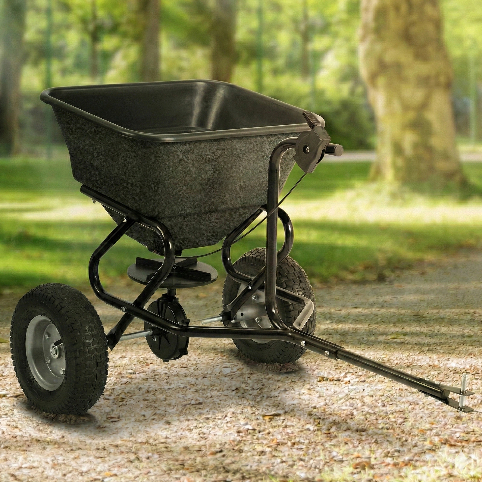 Tow Behind Broadcast Spreader, 110LBS Capacity, Tow/Push Garden Spreader with 10 Adjustable Setting, Lawn Spreaders for Seed, Fertilizer, Salt, Ice Melt view 9