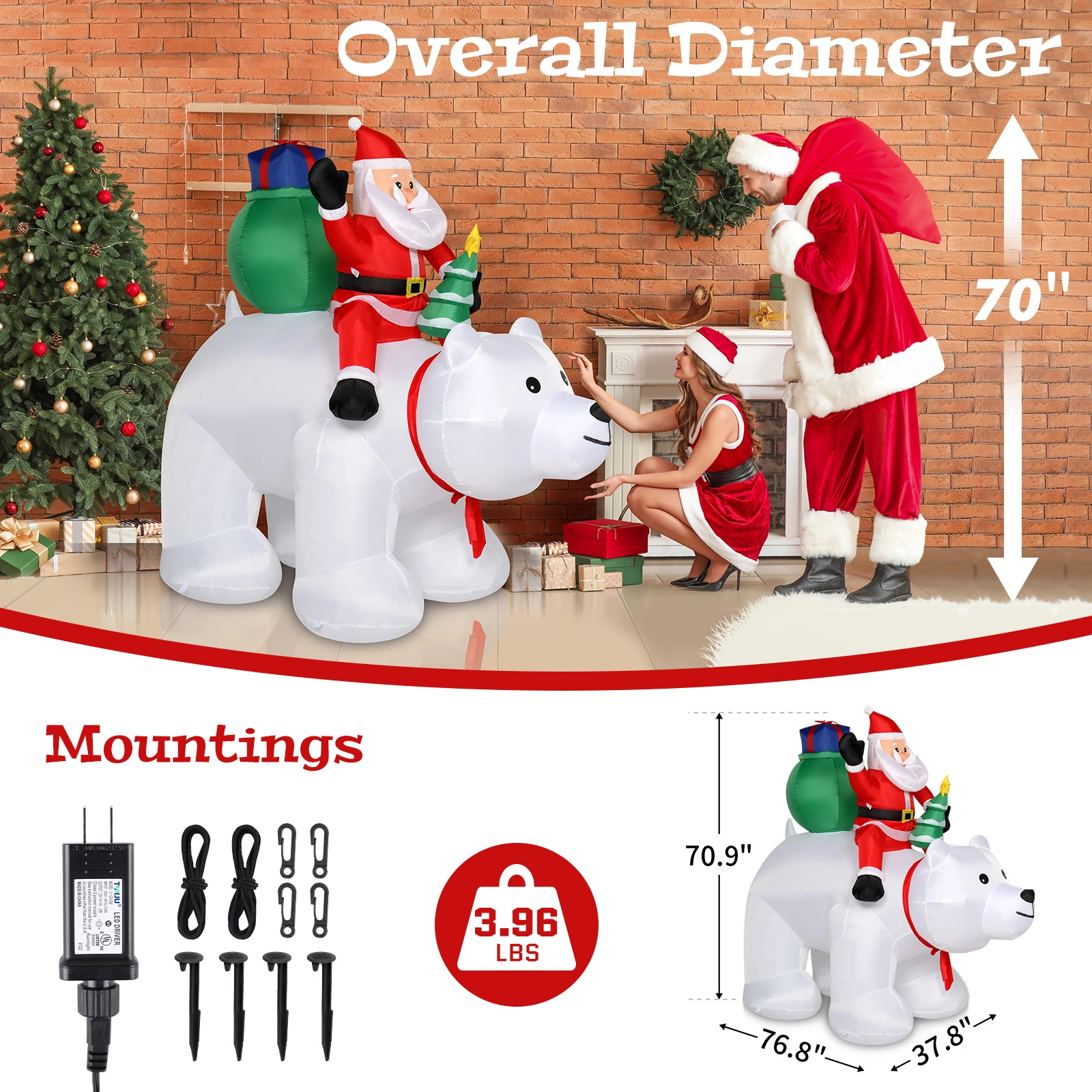 6ft LED Christmas Light String, 15W 7PCS Santa Claus Riding Polar Bear Garden Outdoor Decoration for Holiday Yard Display view 8