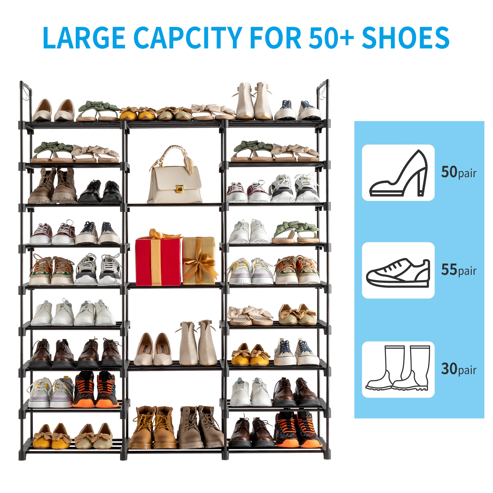 9 Tier Shoe Rack Organizer, Stackable Shoe Cabinet with Shelf, Entryway Storage Holds 50-55 Pairs view 10