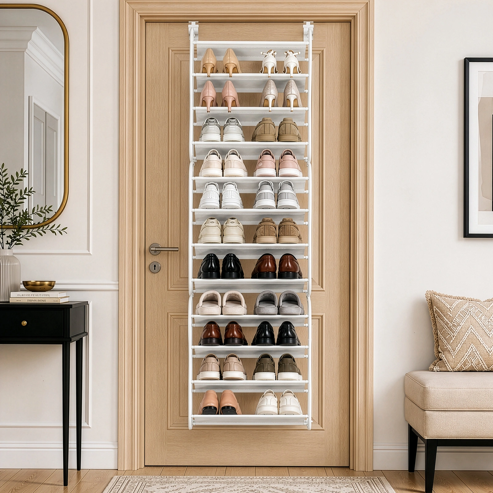 12 Tier Hanging Shoe Rack, Door Organizer with Non-Woven Fabric Dividers, 19.7" x 6.7" x 71.3" Space Saving Shoe Storage, White