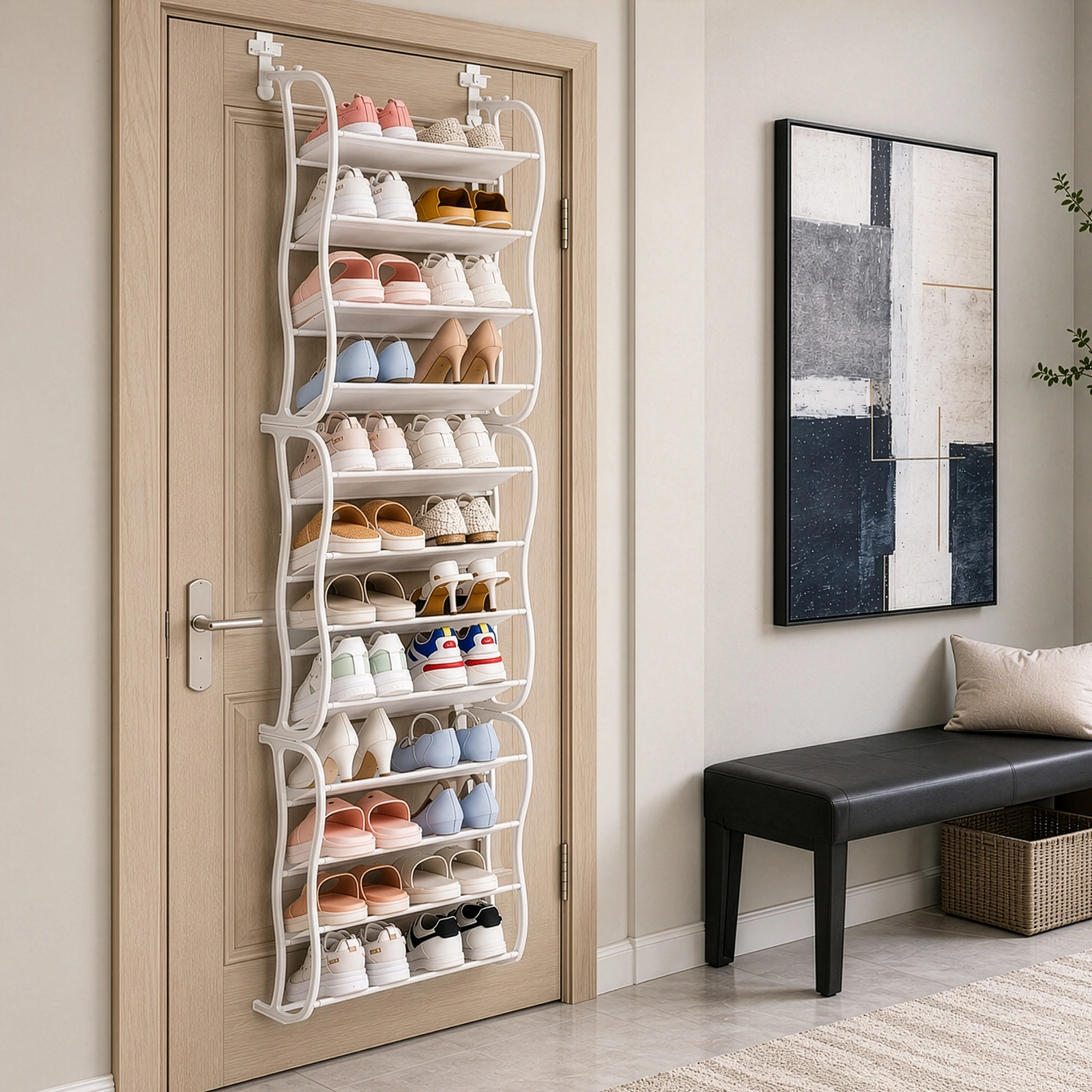 12 Tier Hanging Shoe Rack, Door Organizer with Non-Woven Fabric Dividers, 19.7" x 6.7" x 71.3" Space Saving Shoe Storage, White view 13
