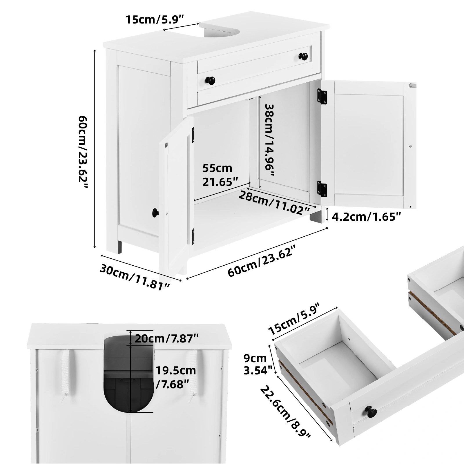 1-Drawer 2-Door Bathroom Vanity Bathroom Cabinet Washbasin Not Included 23.62*11.81*23.62in White view 5