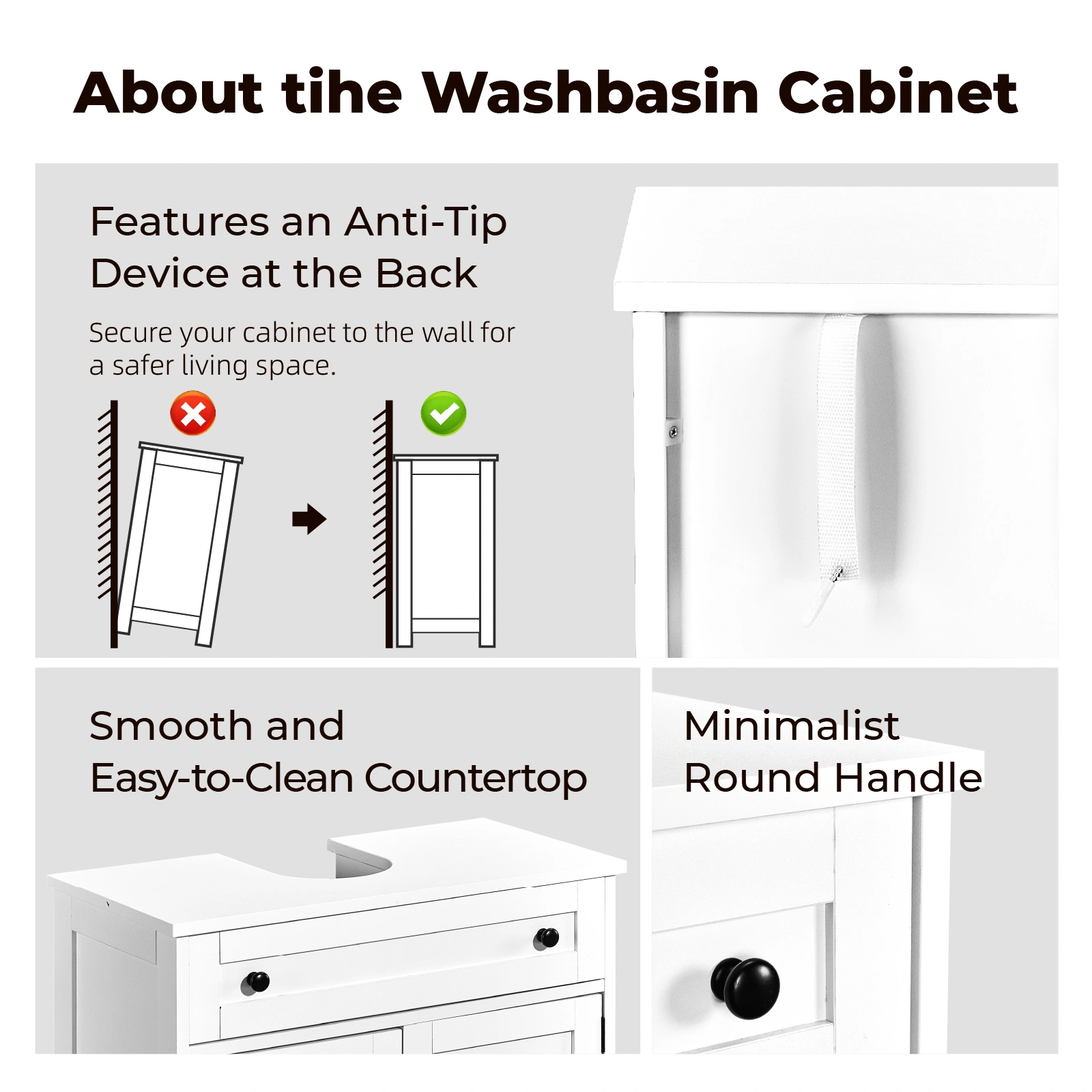 1-Drawer 2-Door Bathroom Vanity Bathroom Cabinet Washbasin Not Included 23.62*11.81*23.62in White view 6