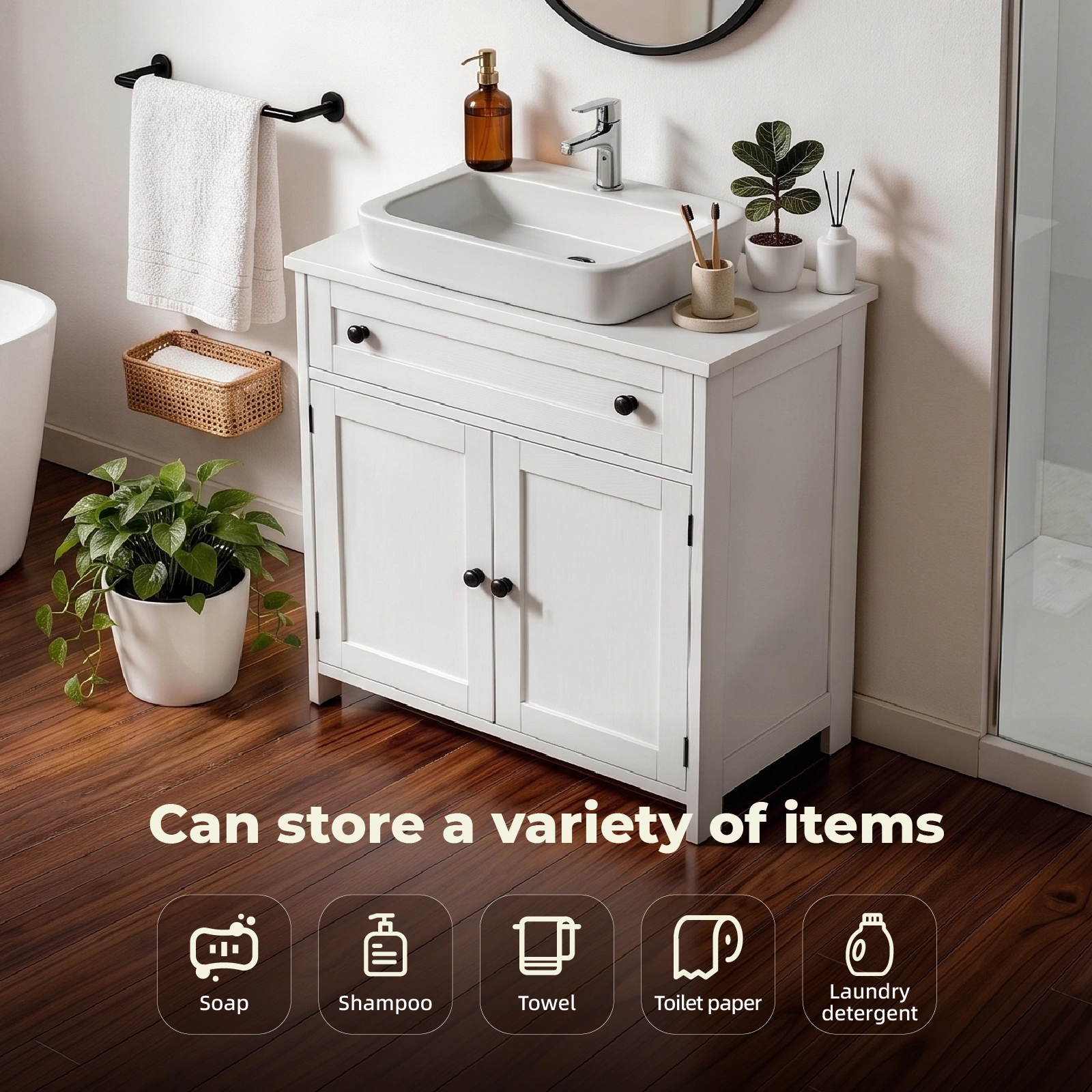 1-Drawer 2-Door Bathroom Vanity Bathroom Cabinet Washbasin Not Included 23.62*11.81*23.62in White view 7