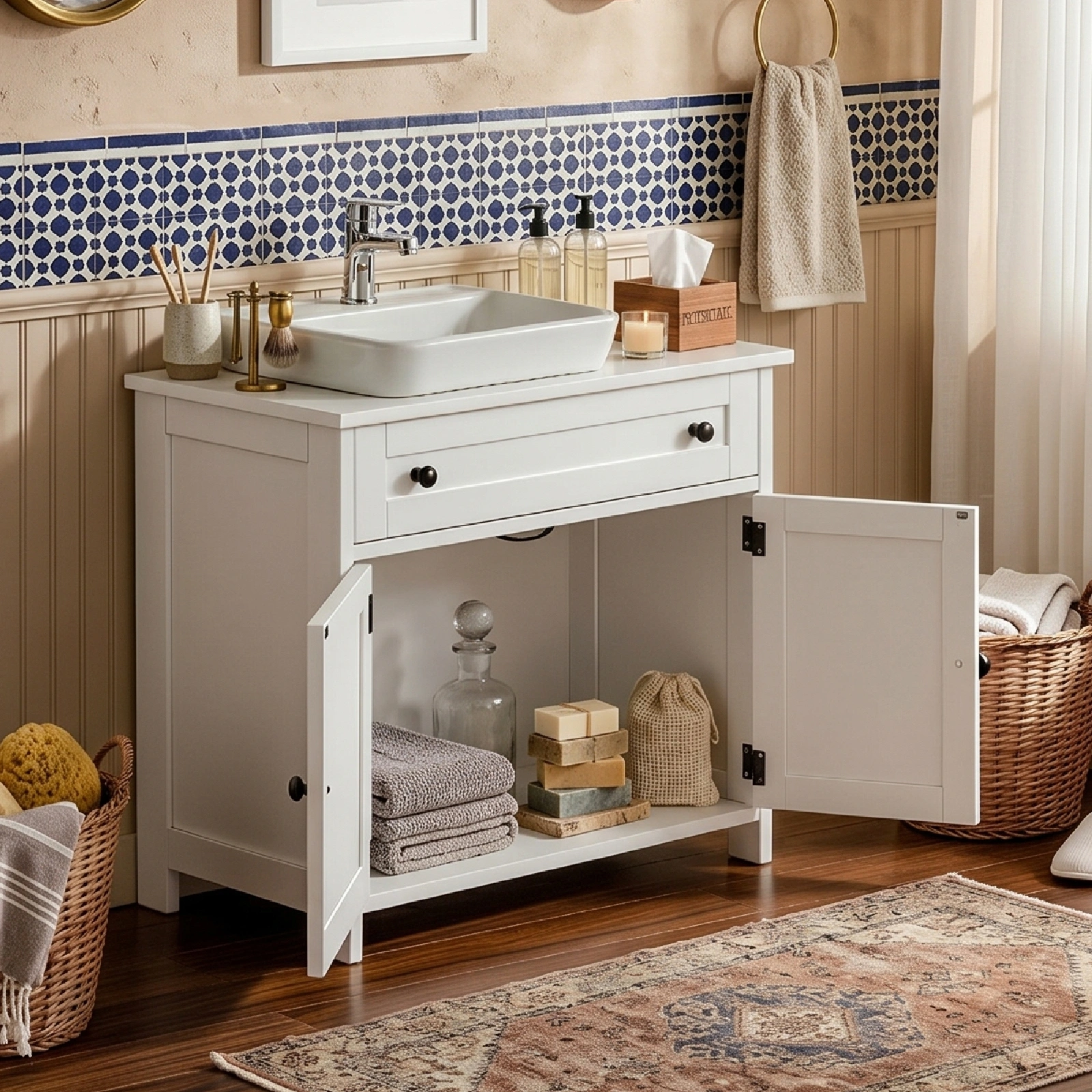 1-Drawer 2-Door Bathroom Vanity Bathroom Cabinet Washbasin Not Included 23.62*11.81*23.62in White view 8