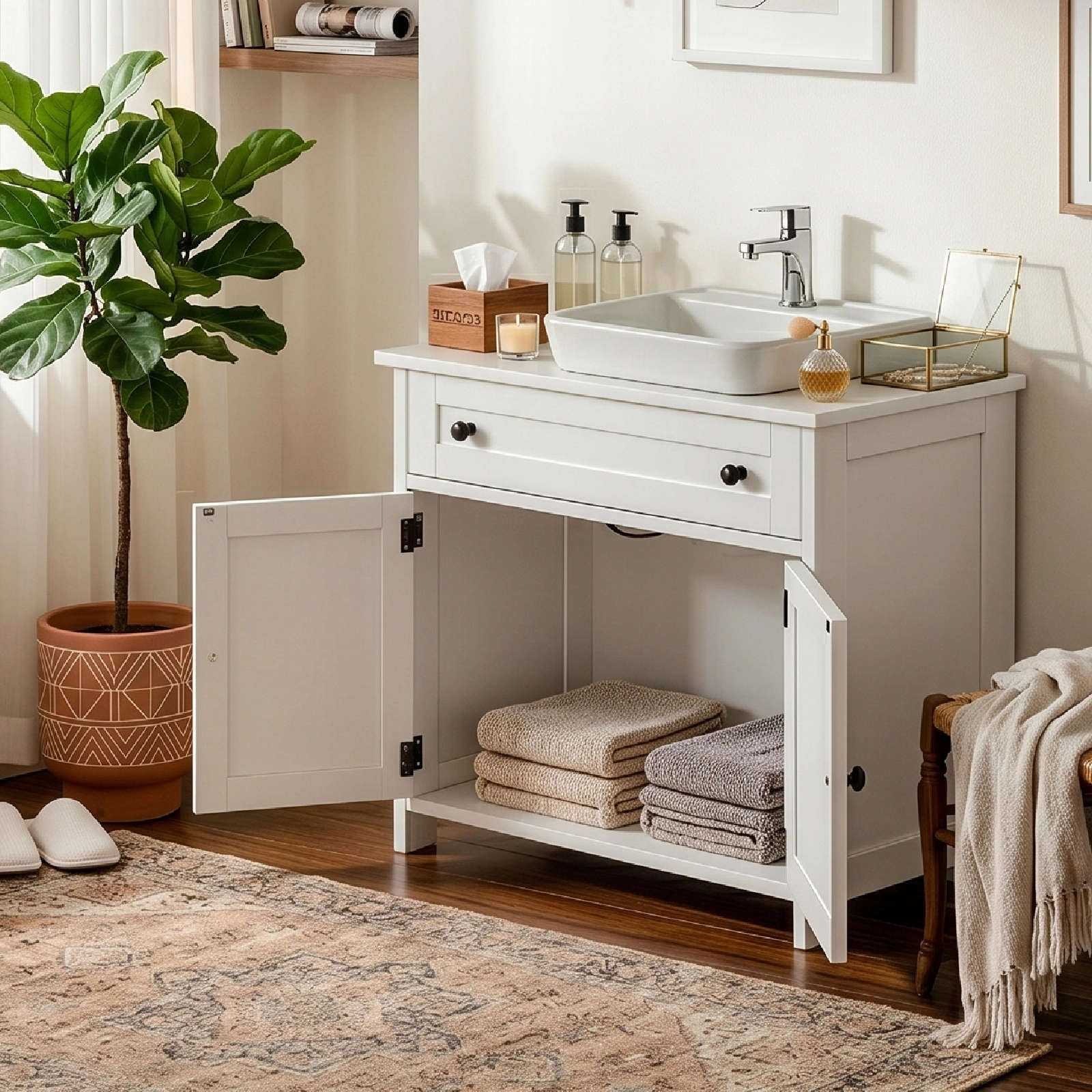 1-Drawer 2-Door Bathroom Vanity Bathroom Cabinet Washbasin Not Included 23.62*11.81*23.62in White view 9
