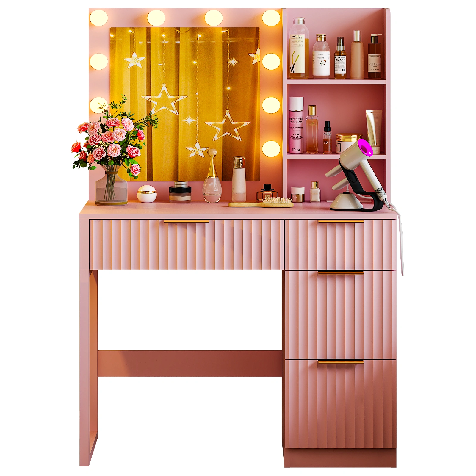 4-Drawer 2-Shelf Dressing Table with 10 Tri-Color Light Bulbs Particleboard with Textured Melamine Finish Power Strip and Dressing Table Grille-Finish Dressing Table 33.46*15.75*29.53in Pink view 2