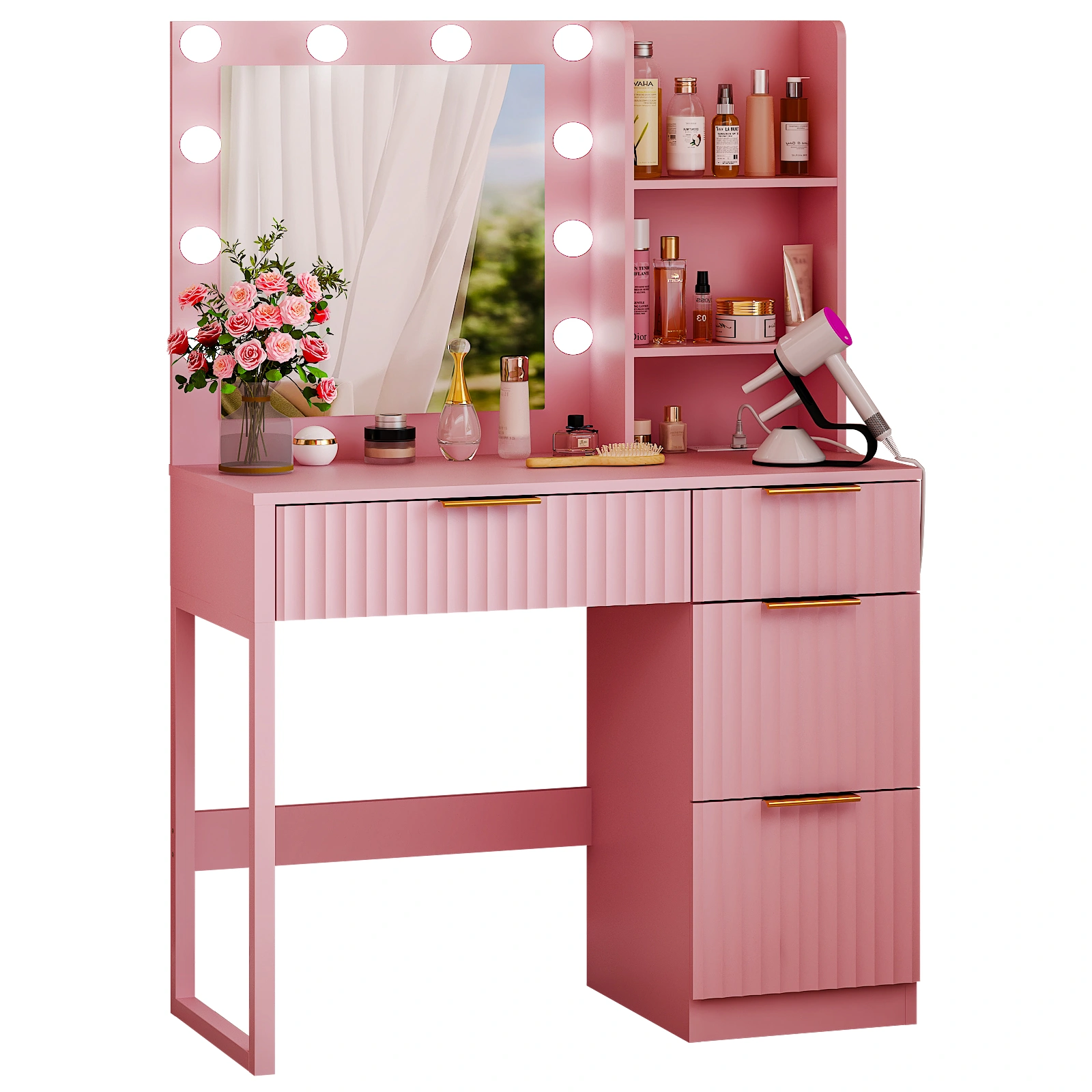 4-Drawer 2-Shelf Dressing Table with 10 Tri-Color Light Bulbs Particleboard with Textured Melamine Finish Power Strip and Dressing Table Grille-Finish Dressing Table 33.46*15.75*29.53in Pink view 3