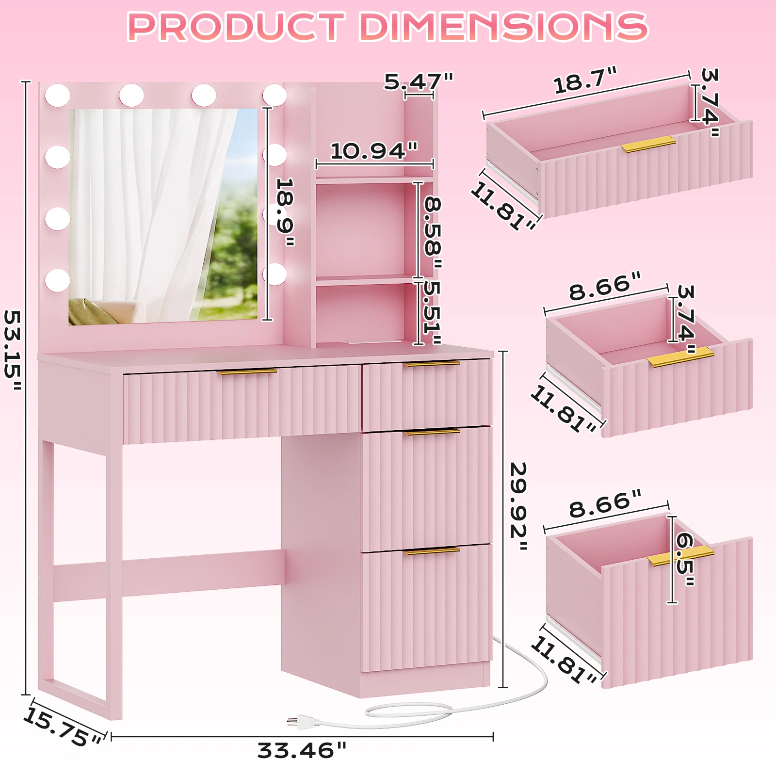 4-Drawer 2-Shelf Dressing Table with 10 Tri-Color Light Bulbs Particleboard with Textured Melamine Finish Power Strip and Dressing Table Grille-Finish Dressing Table 33.46*15.75*29.53in Pink view 4