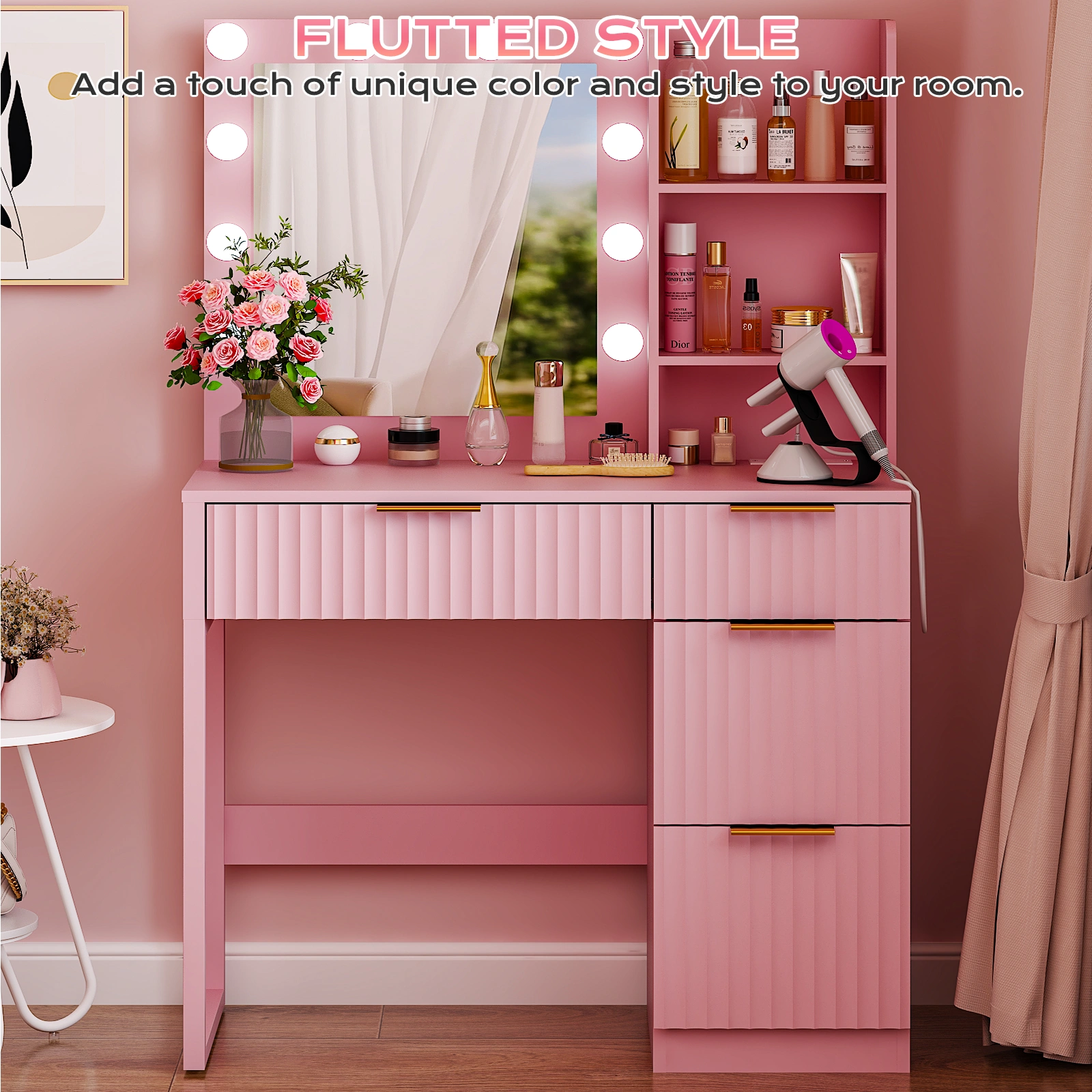 4-Drawer 2-Shelf Dressing Table with 10 Tri-Color Light Bulbs Particleboard with Textured Melamine Finish Power Strip and Dressing Table Grille-Finish Dressing Table 33.46*15.75*29.53in Pink view 6