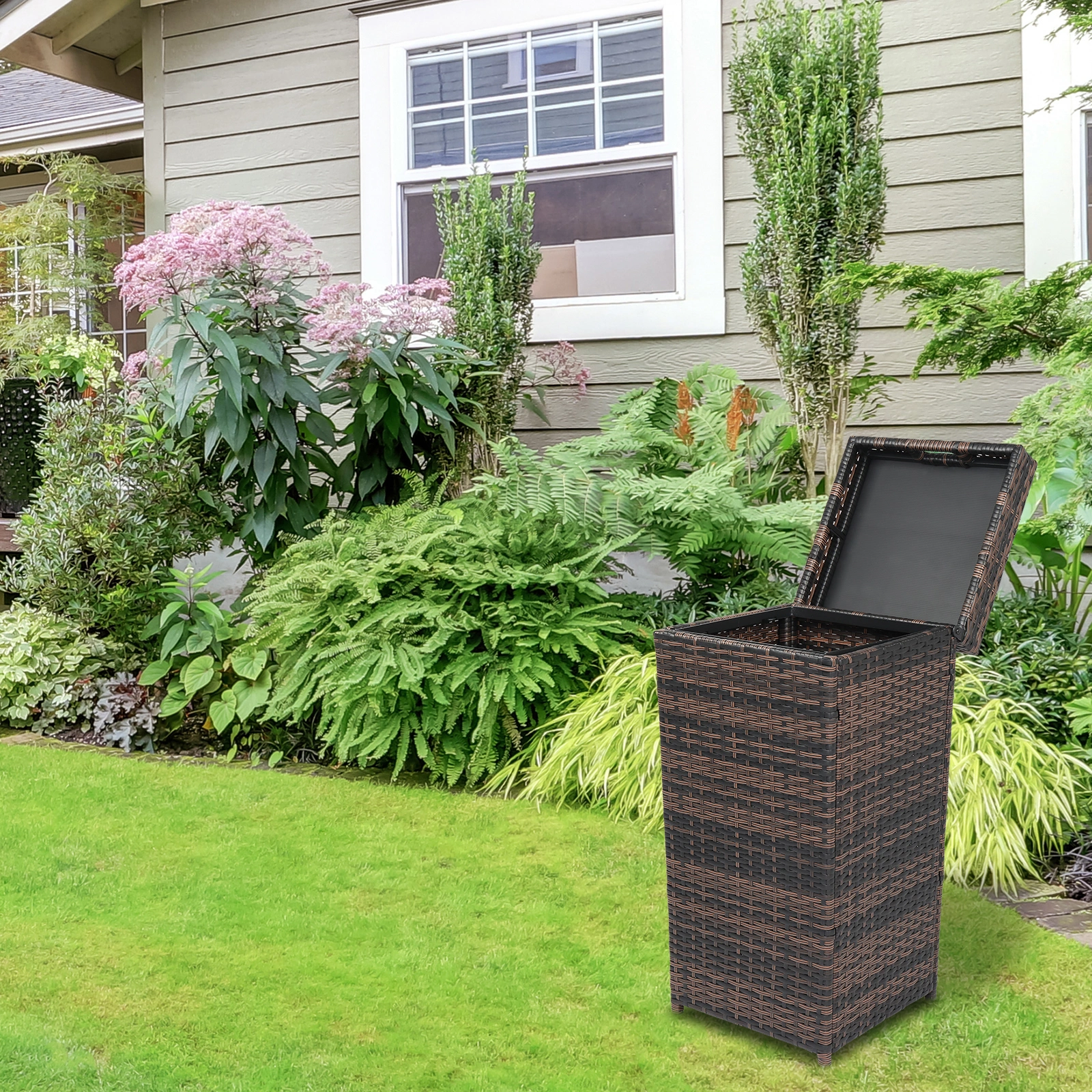 With Top Cover Iron Frame Rattan Trash Can Brown Gradient view 18