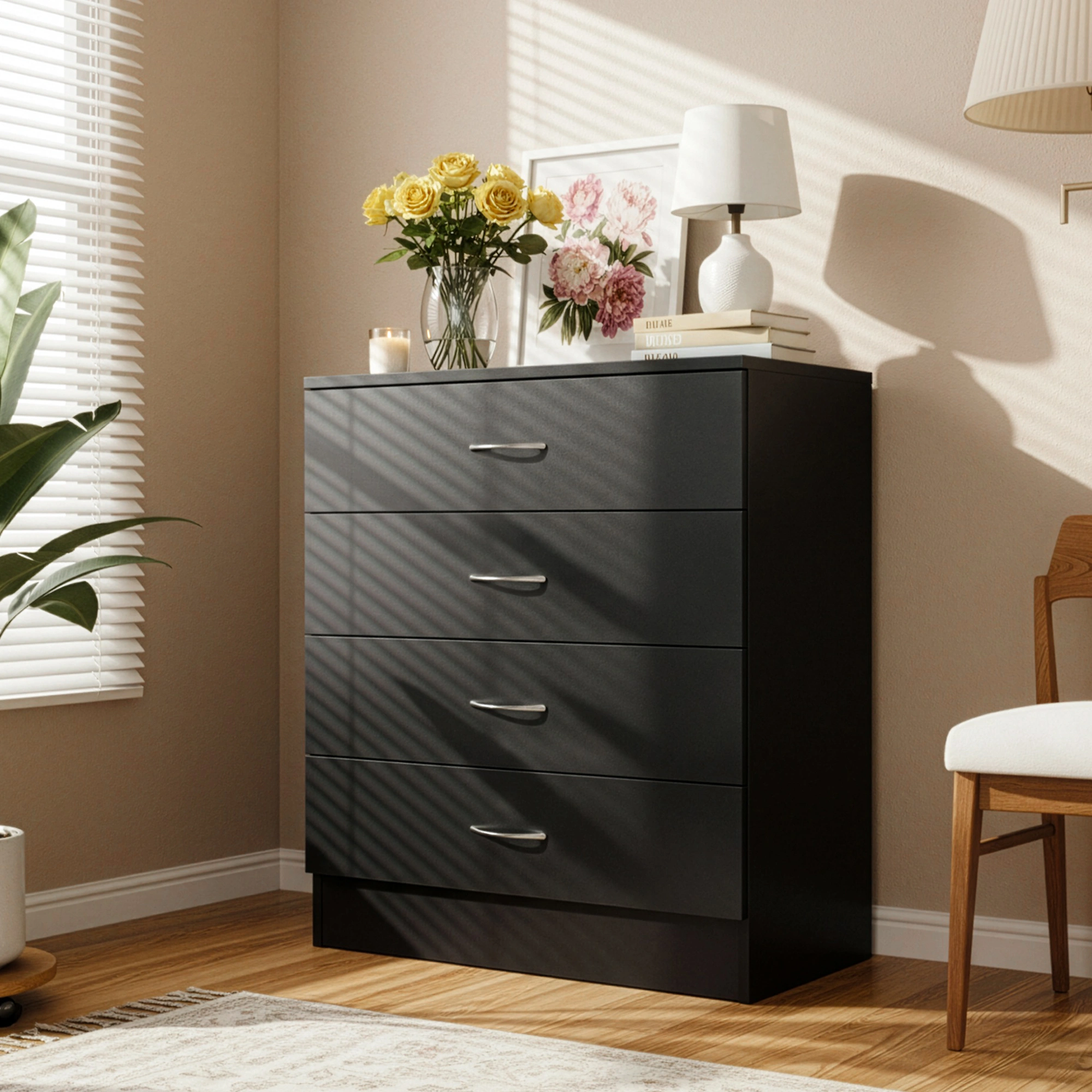 4-Drawer Particleboard Drawer Cabinet with Textured Melamine Finish 25.98*12.99*28.74in Black (=53287540)