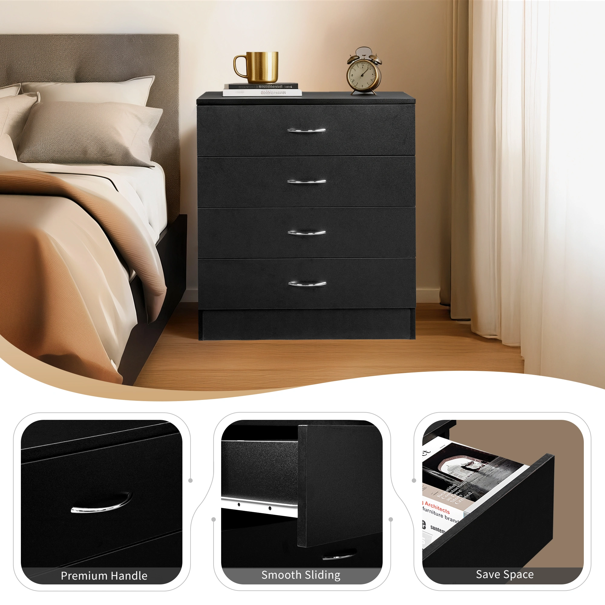 4-Drawer Particleboard Drawer Cabinet with Textured Melamine Finish 25.98*12.99*28.74in Black (=53287540) view 11