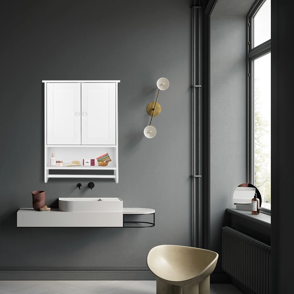 Bathroom Wall Cabinet with 2 Cabinet Doors 1 Dhelf and 1 Towel Bar Painted MDF Bathroom Cabinet 19.3*5.7*25.6in White view 10