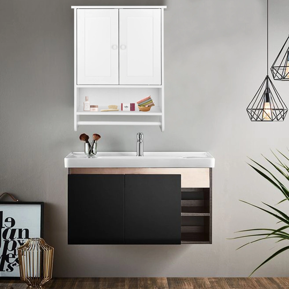 Bathroom Wall Cabinet with 2 Cabinet Doors 1 Dhelf and 1 Towel Bar Painted MDF Bathroom Cabinet 19.3*5.7*25.6in White view 8