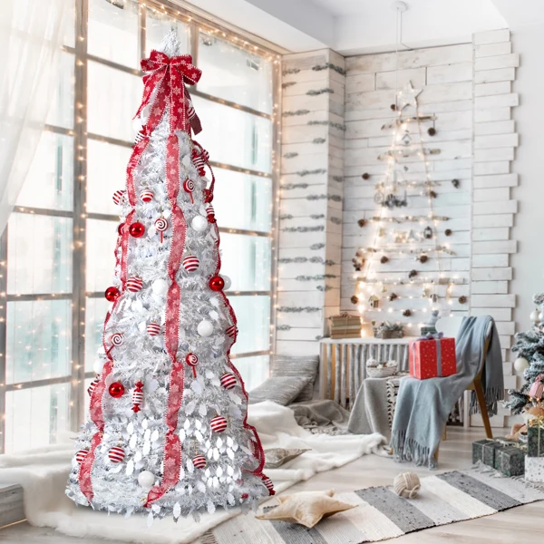 7 FT Fully Decorated Pre-lit Christmas Tree, Pop Up Artificial Xmas Tree with 170 Warm Lights and Red Ornaments for Home Office Store Holiday Deco, White view 4